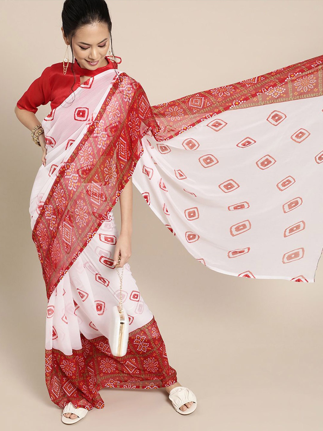 

Saree mall Bandhani printed Sarees, White