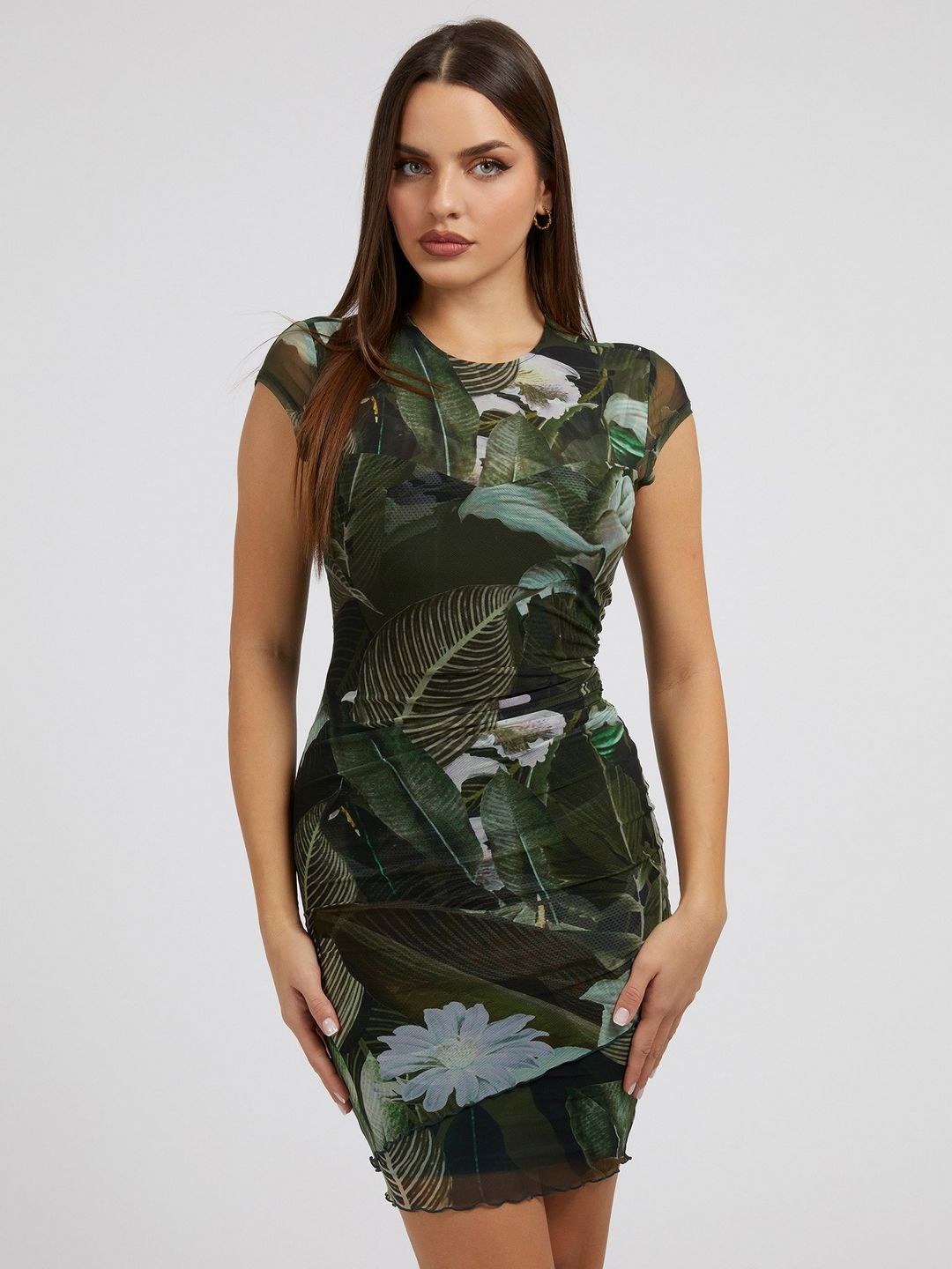 

GUESS Printed Round Neck Short Sleeves Bodycon Dress, Green