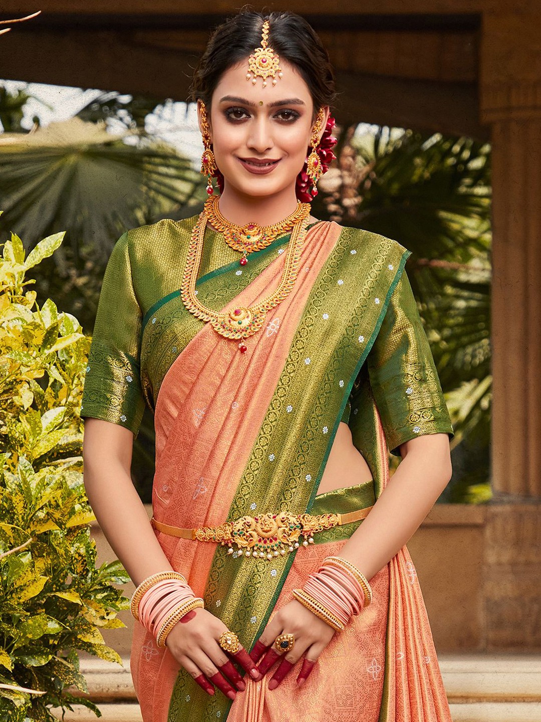 

Saree mall Ethnic Motifs Zari Kanjeevaram Sarees, Peach