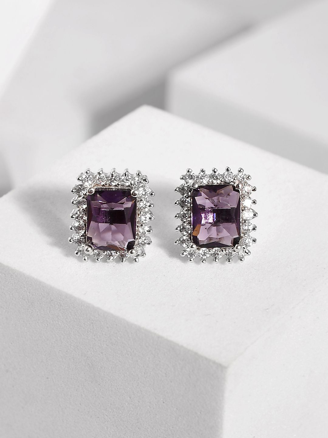 

Voylla Rhodium-Plated American Diamond Square Studs, Silver