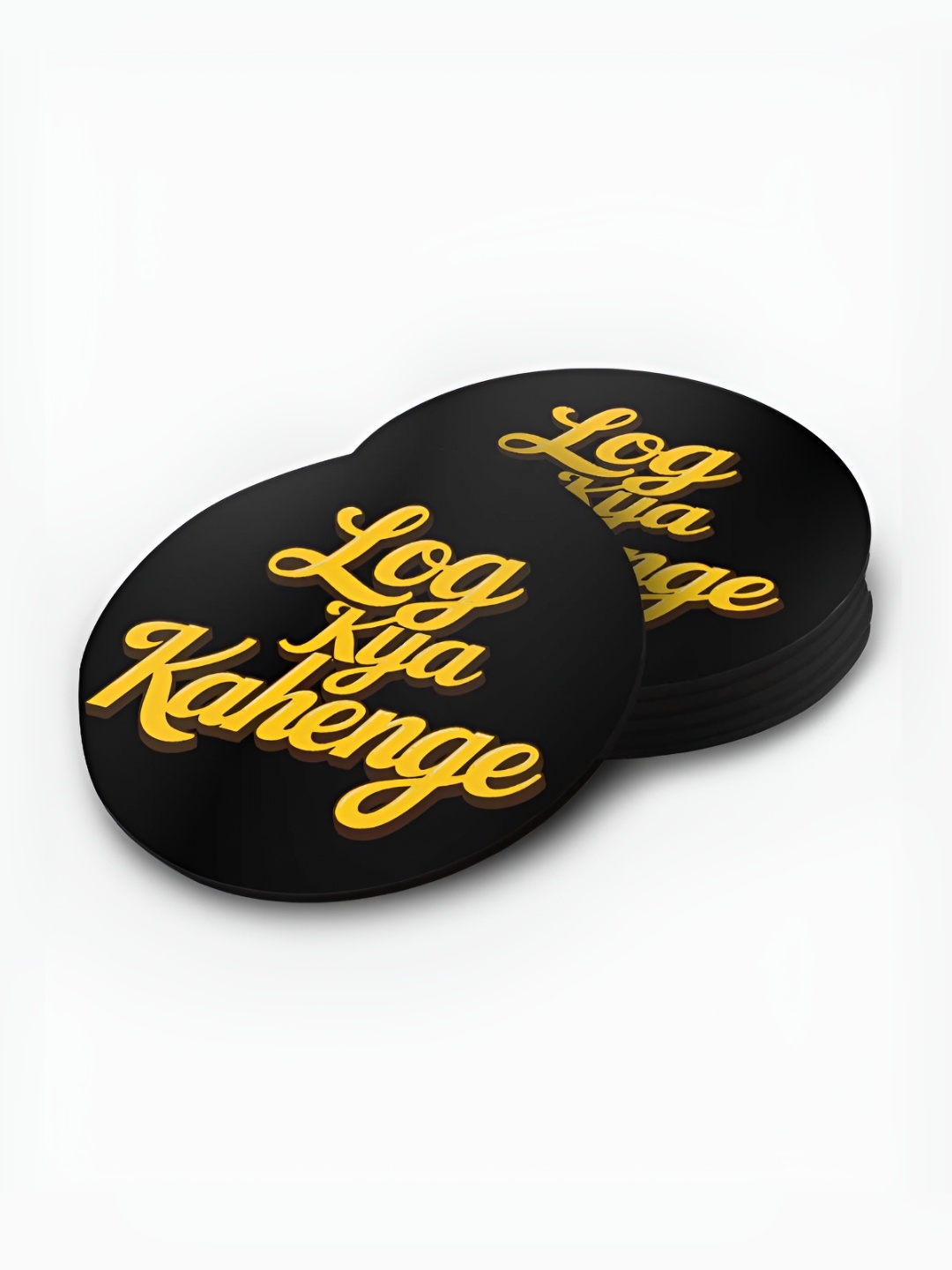 

macmerise Black & Yellow 6 Pieces Log Kya Kahenge Printed Wooden Circular Coasters