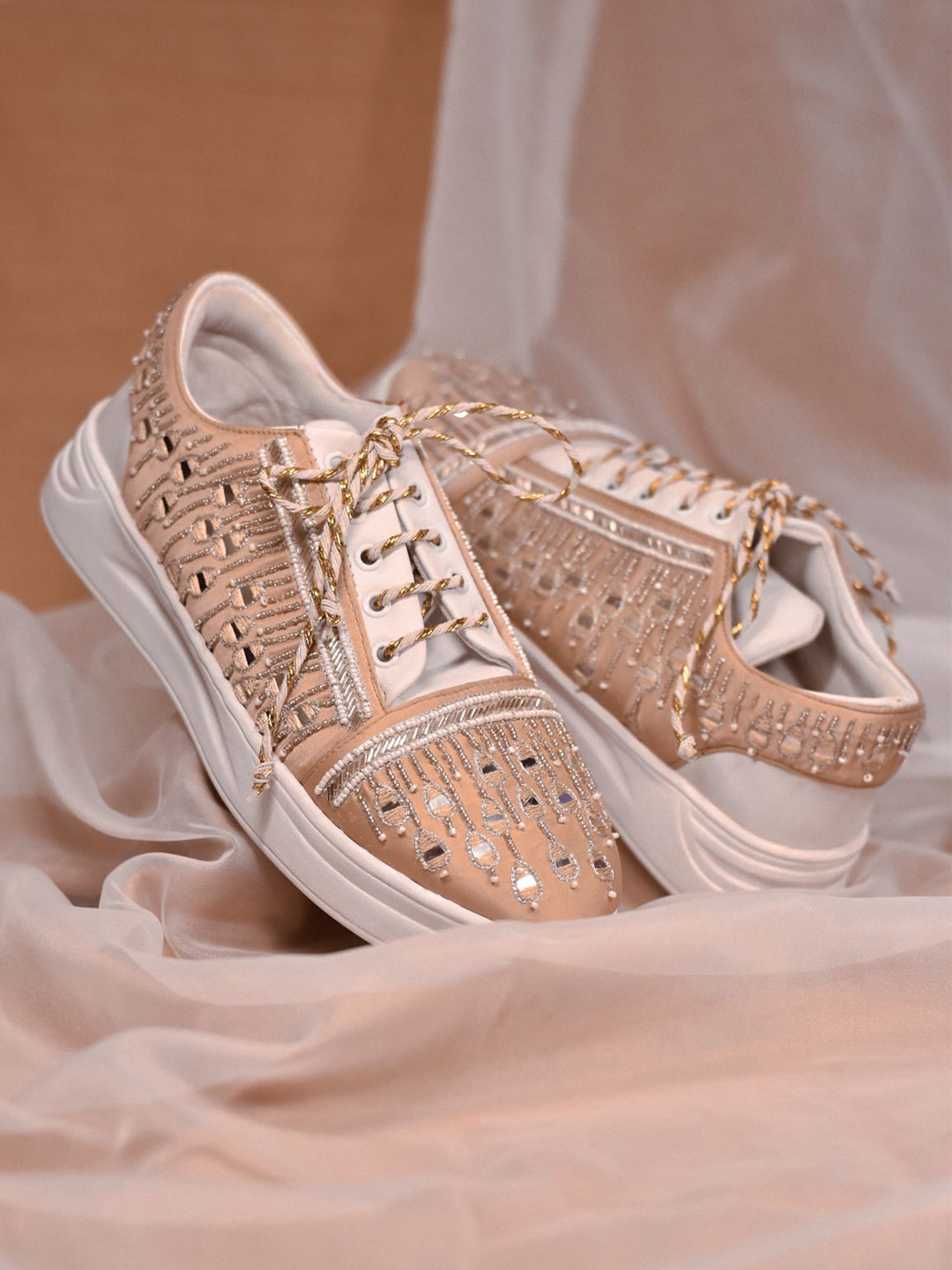 

Around Always Women Embellished Round Toe Lace-Ups Sneakers, Peach