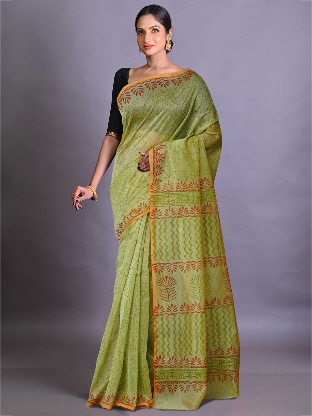 

Unnati Silks Ethnic Motifs Handloom Block Print Saree, Green