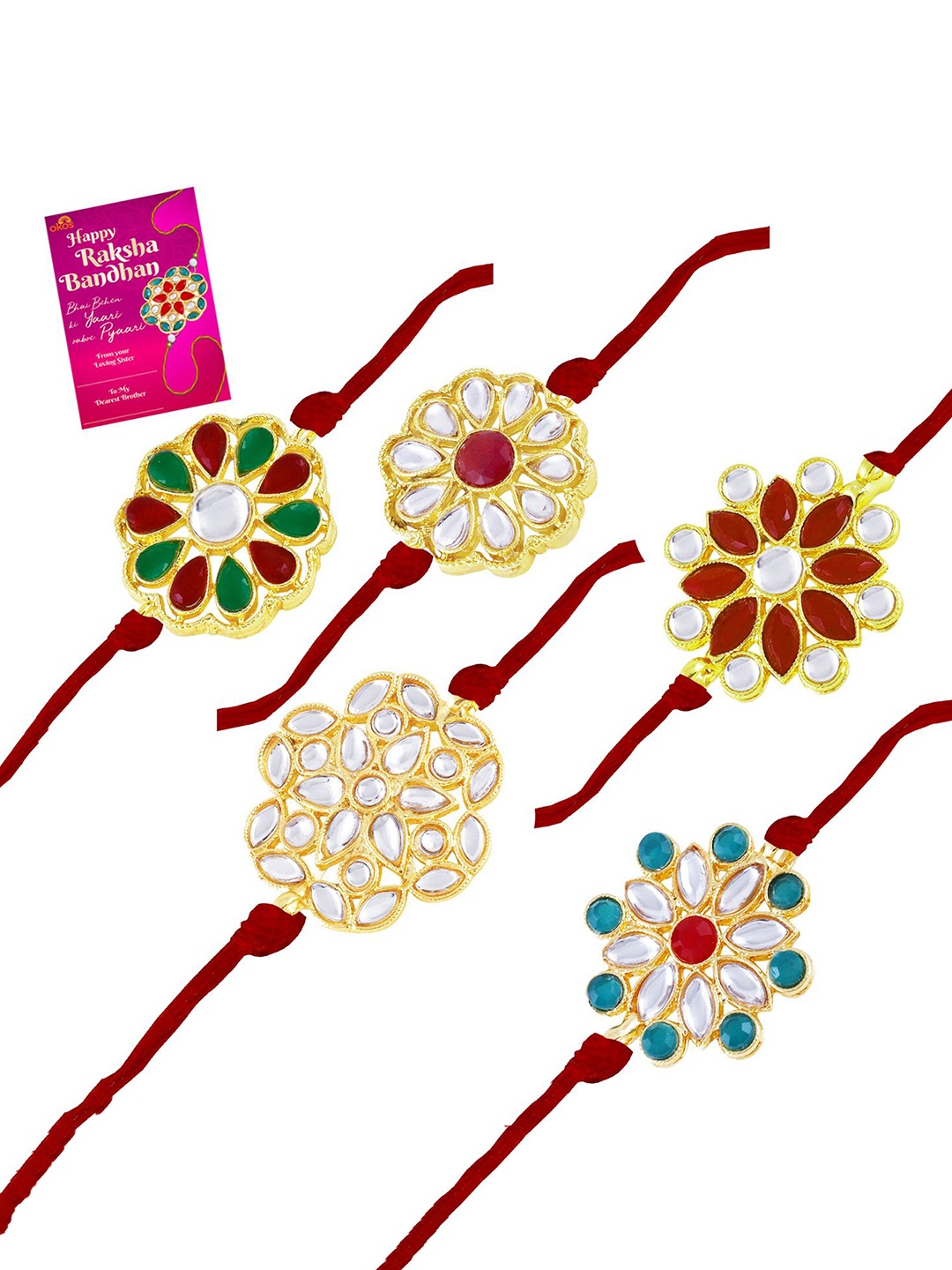 

Okos Set of 5 Gold Plated Kundan Studded Rakhis With Greeting Card