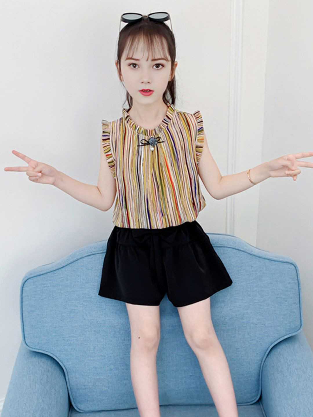 

INCLUD Girls Striped Mandarin Collar Top With Shorts, Yellow