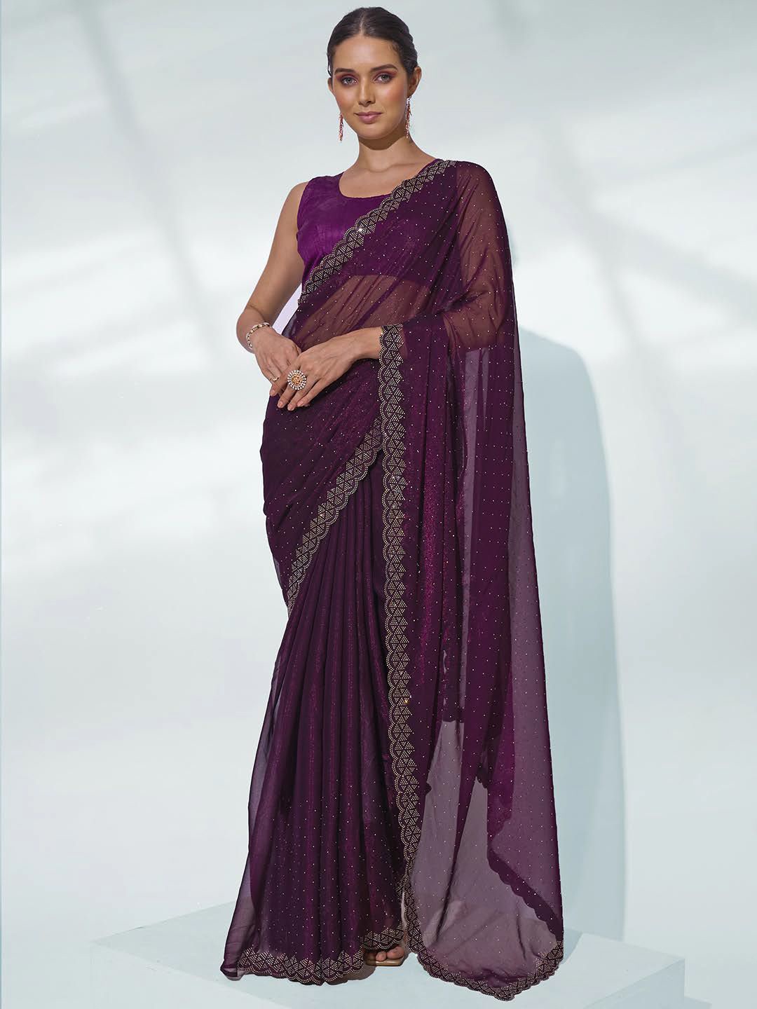 

Kalista Embellished Beads and Stones Pure Chiffon Saree, Burgundy