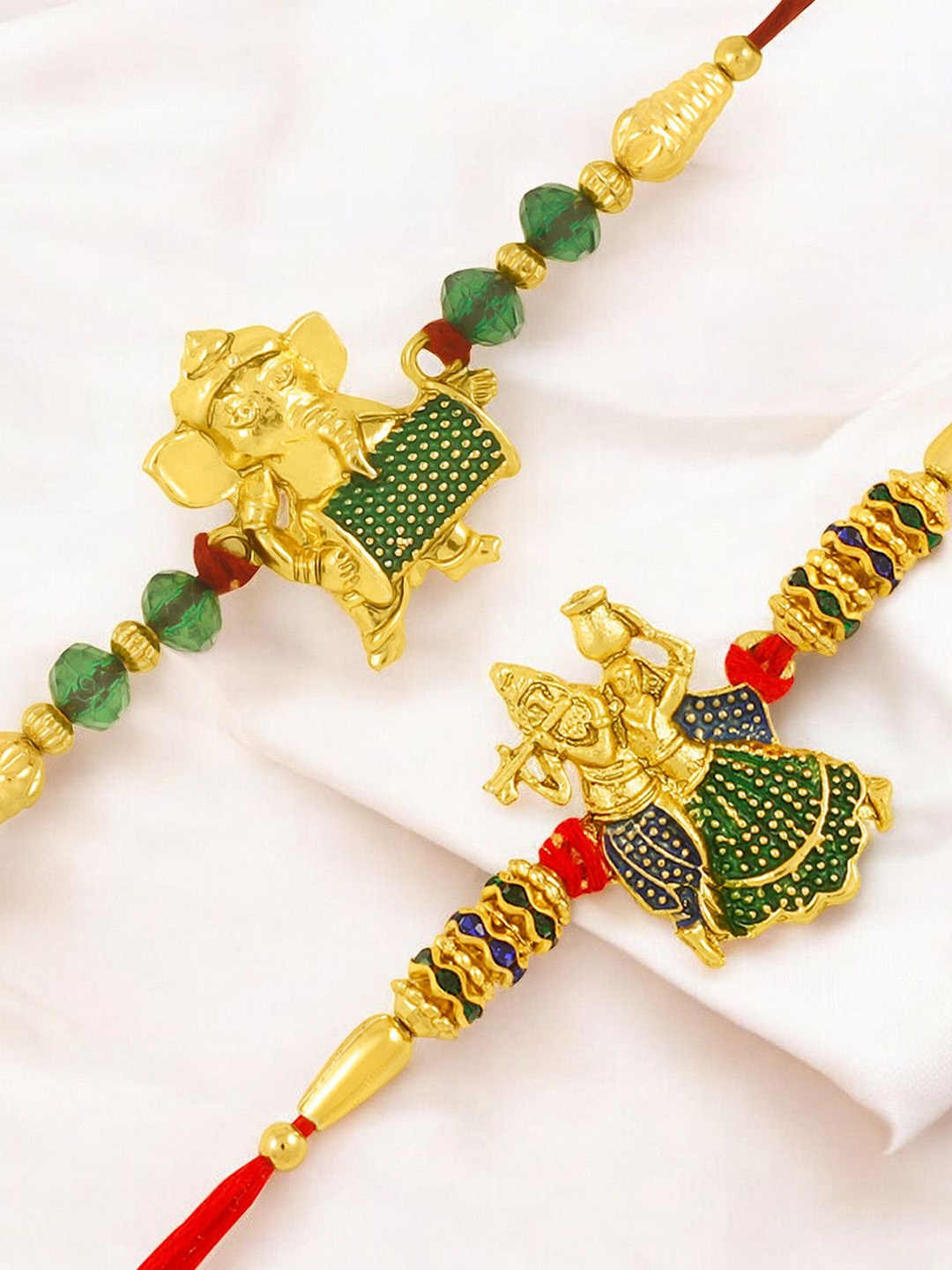 

Okos Set Of 2 Gold Plated Radha Krishna And Ganpati with Damroo Thread Rakhis