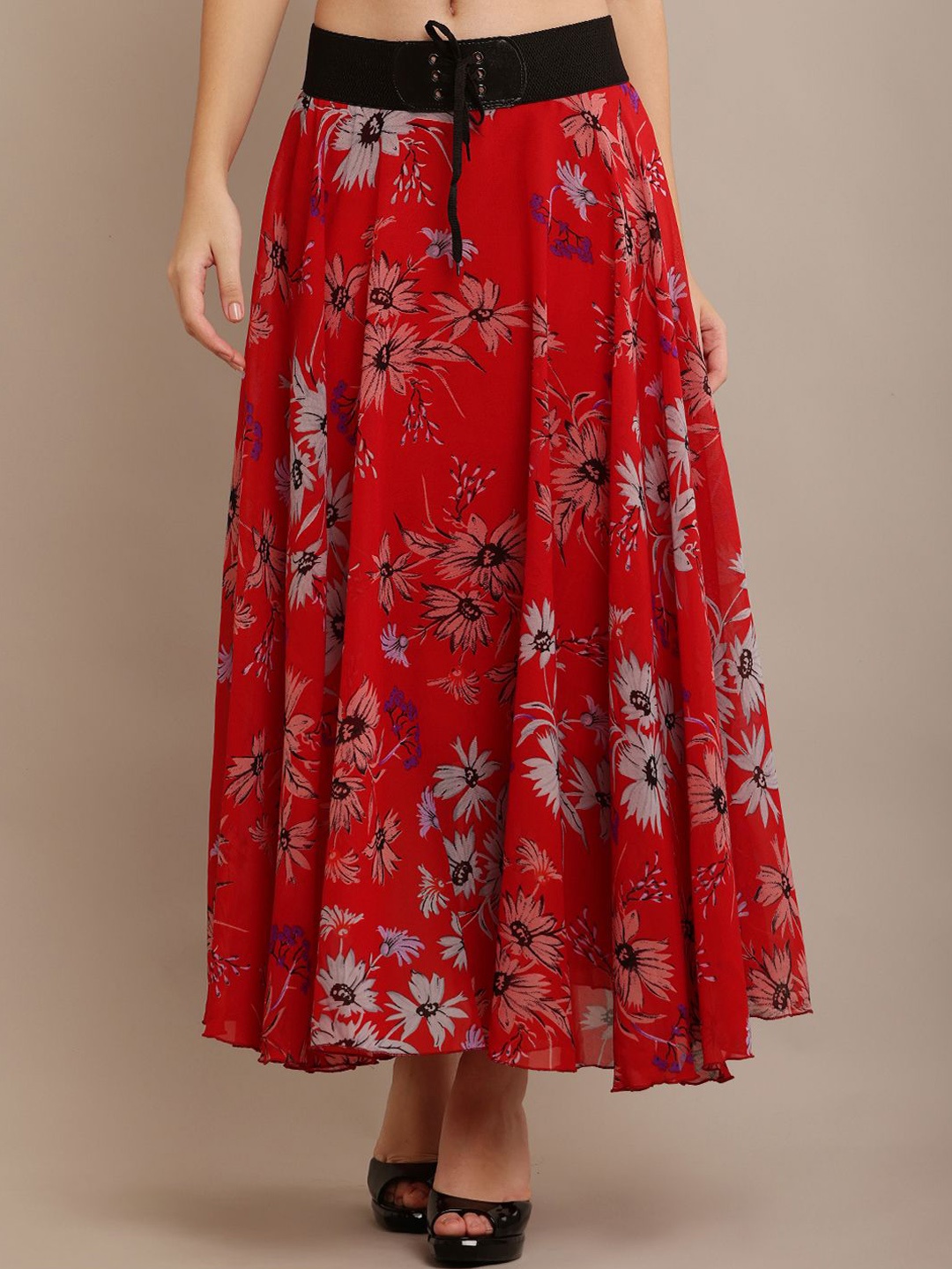 

Raabta Fashion Women's Georgette Floral Printed Flared Maxi Skirt, Red