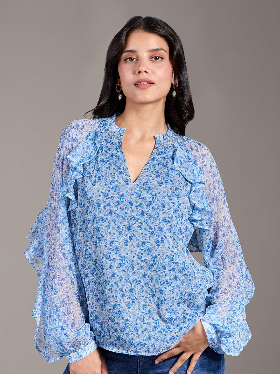

20Dresses Women Floral Printed Mandarin Collar Top, Blue