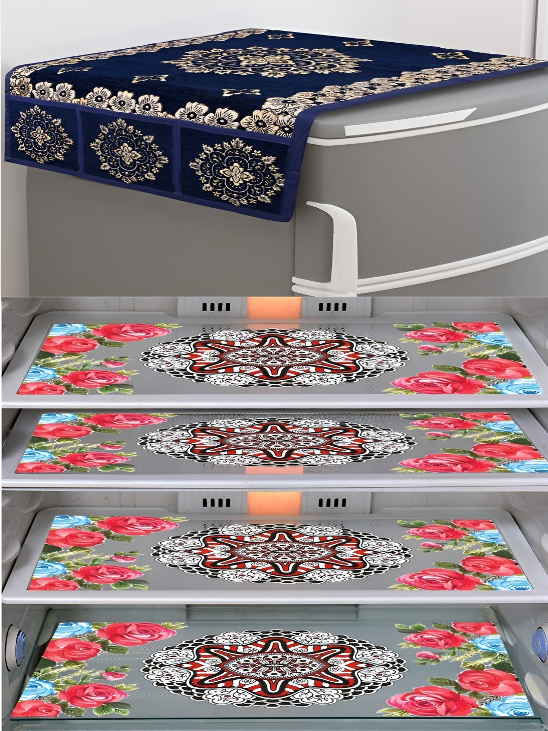 

Dakshya Industries Pink & Blue 5 Pieces Printed Fridge Cover Mats & Top Cover