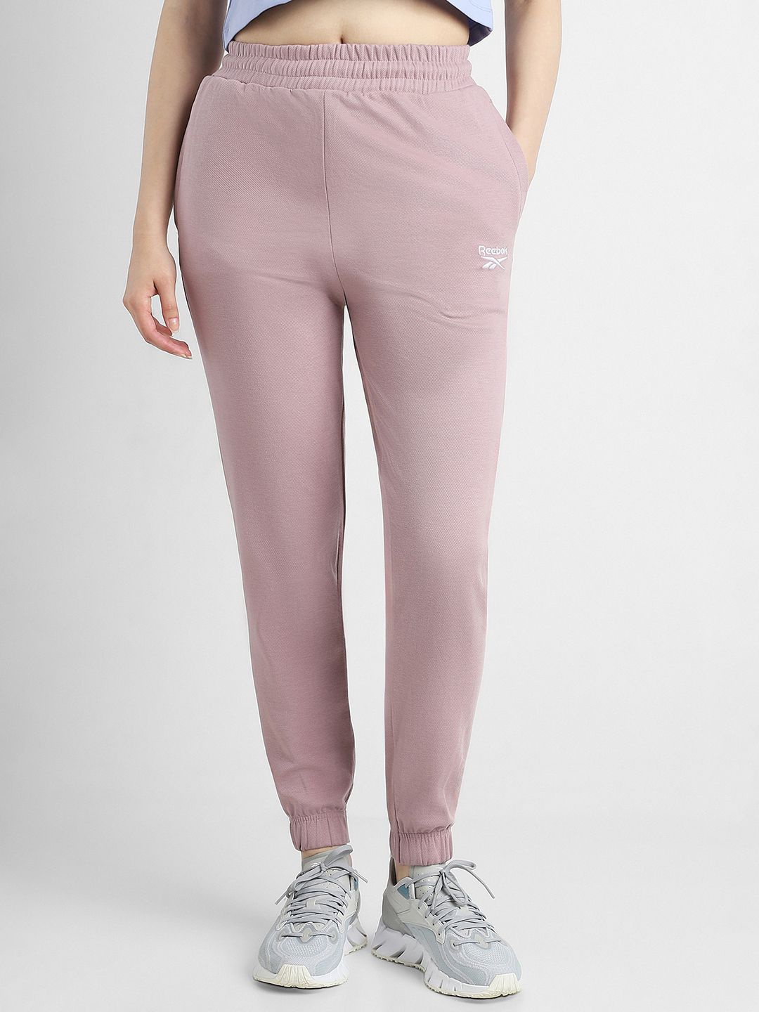 

Reebok Women Brand Logo Printed Mid Rise Everyday cotton Joggers, Pink