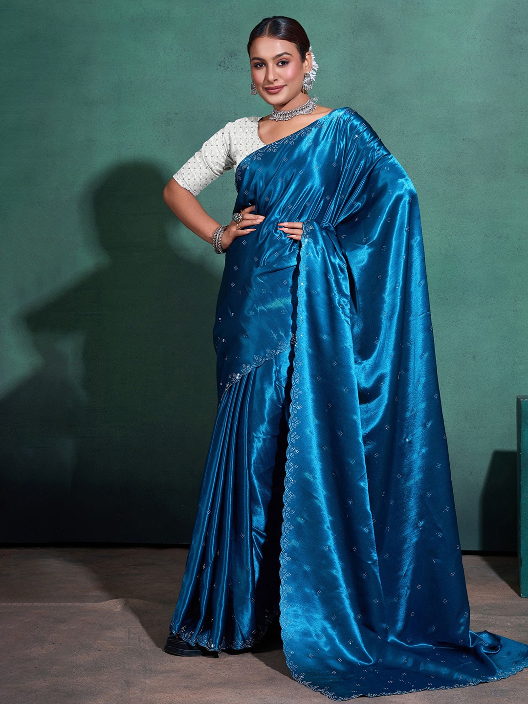 

KIMISHA Geometric Embellished Beads and Stones Celebrity Saree, Blue