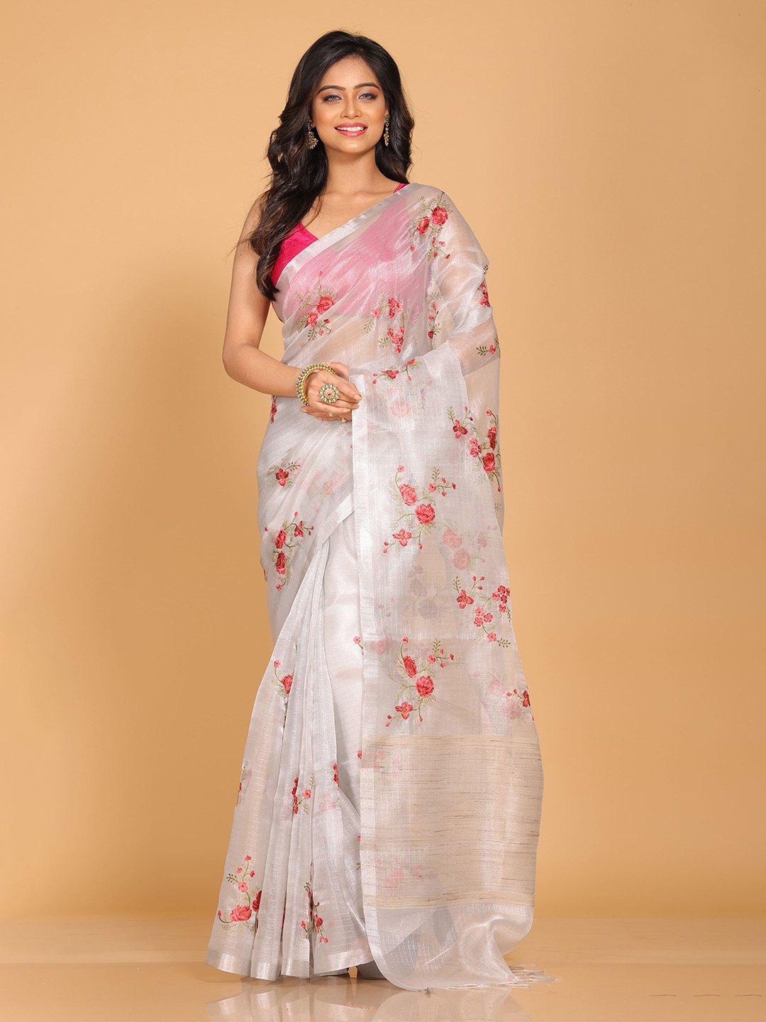 

Morchari Embroidered Floral Zari Tissue Saree, Silver