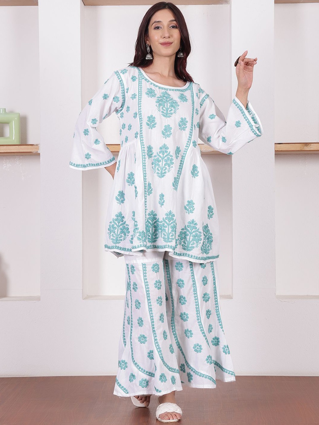 

Chowkhat Ethnic Motifs Embroidered Thread Work Pure Cotton A-Line Kurta With Palazzos, White