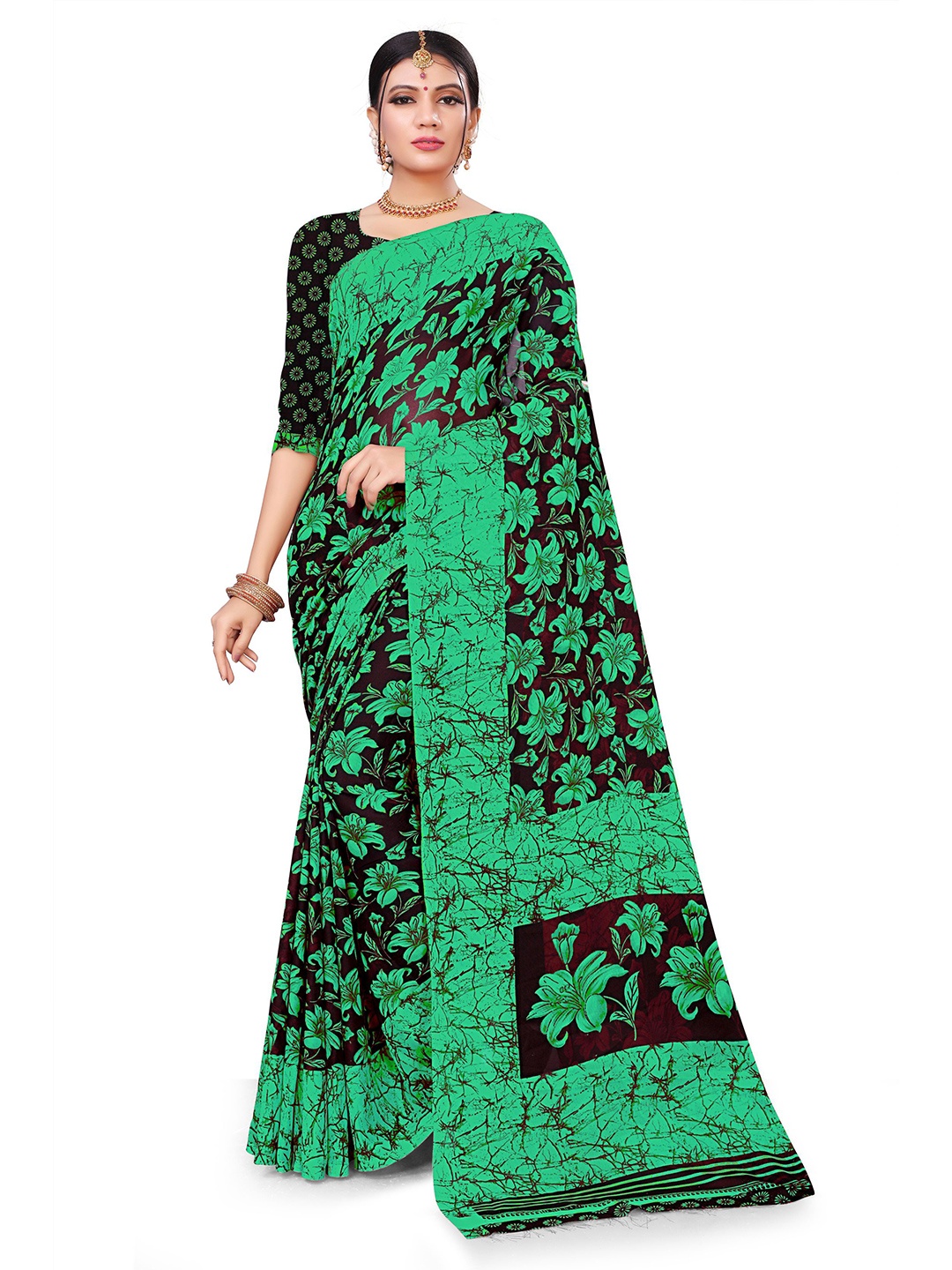 

RUNAYA NX Floral Pure Georgette Saree, Green