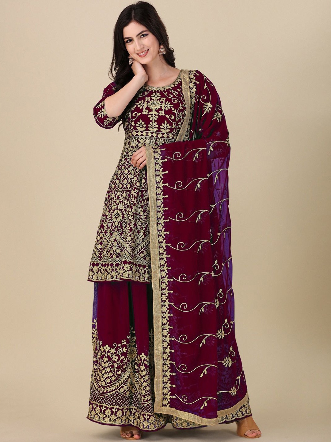 

KALINI Ethnic Motifs Embroidered Zari Work Semi-Stitched Dress Material, Maroon