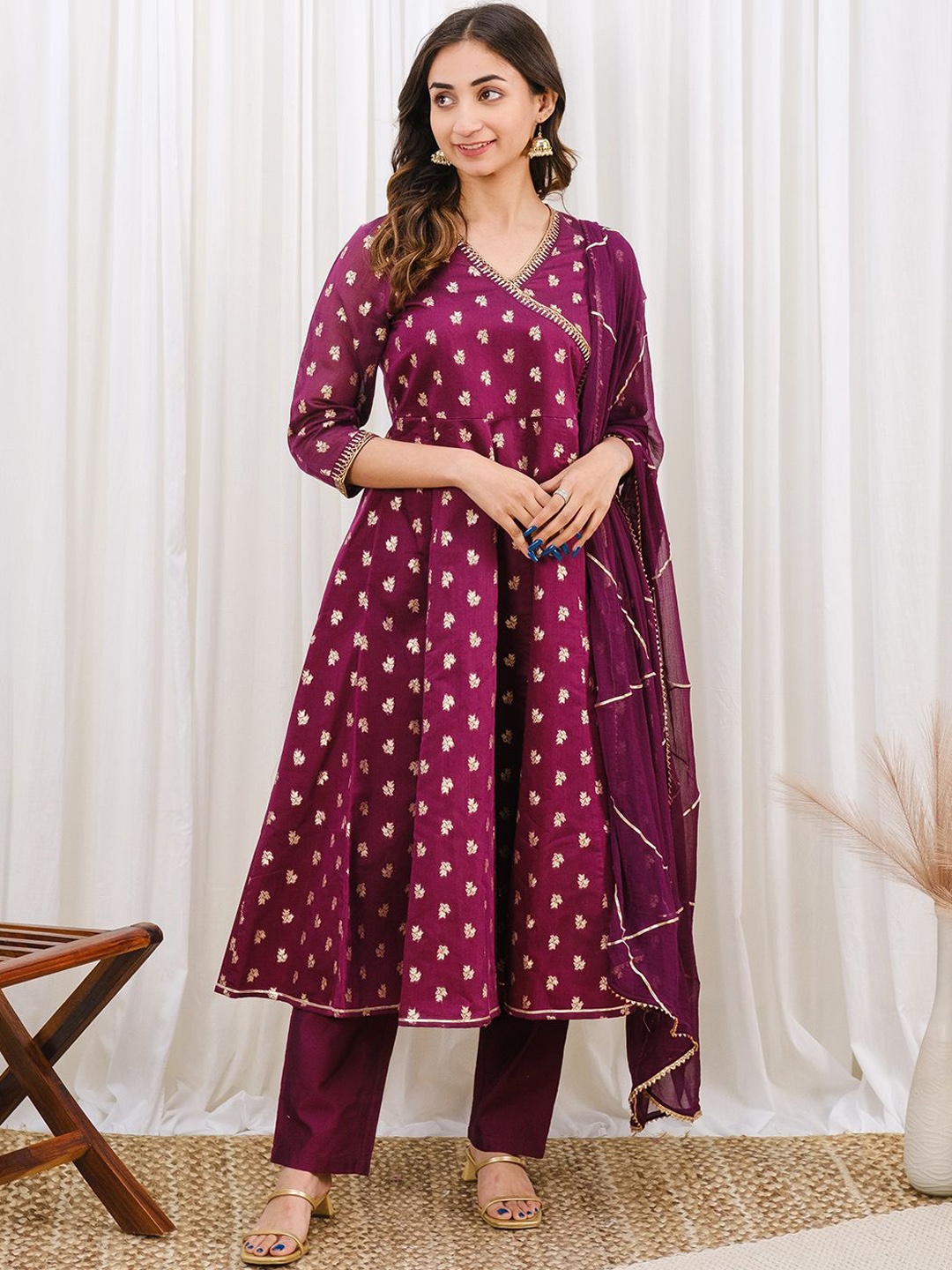 

Chowkhat Floral Woven Design Sequinned Chanderi Cotton Anarkali Kurta With Trousers, Purple