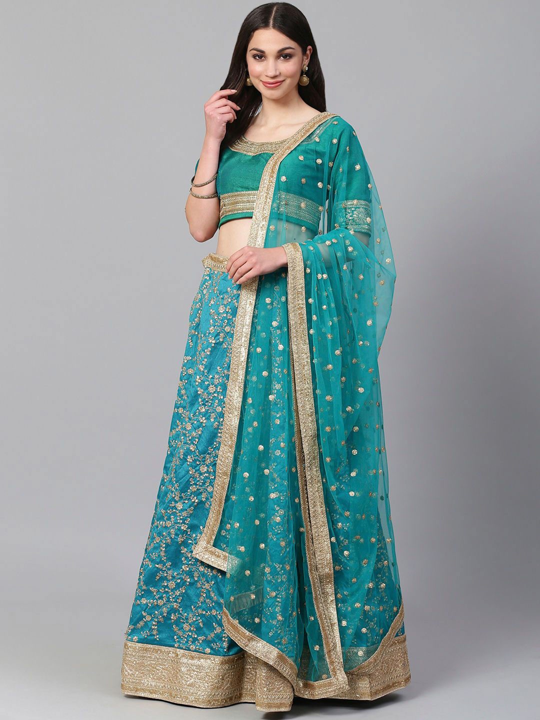 

FABPIXEL Embroidered Sequinned Semi-Stitched Lehenga & Unstitched Blouse With Dupatta, Green