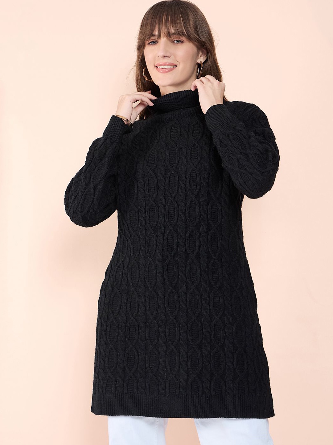 

CLAPTON Women Cable Knit Woollen Longline Pullover, Black