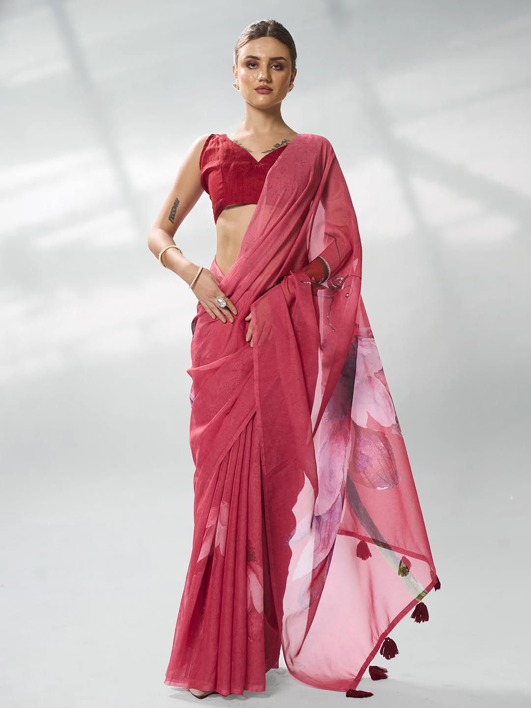 

Kalista Floral Organza Designer Saree, Rust