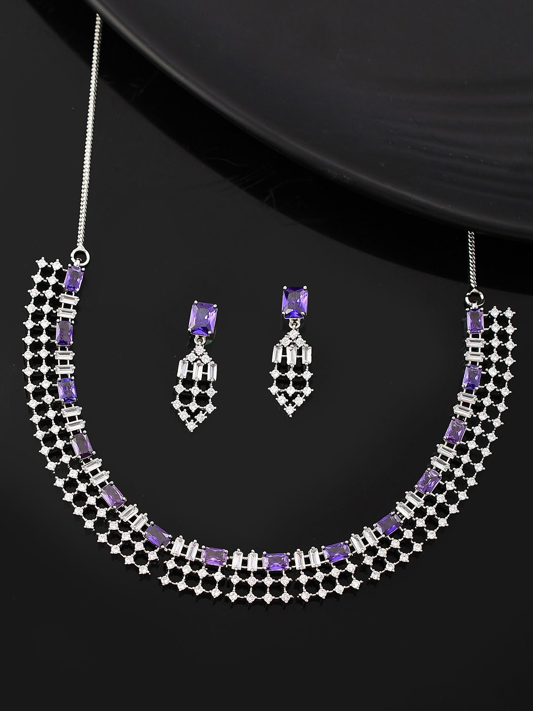 

Voylla Rhodium Plated American Diamond Studded Jewellery Set, Silver