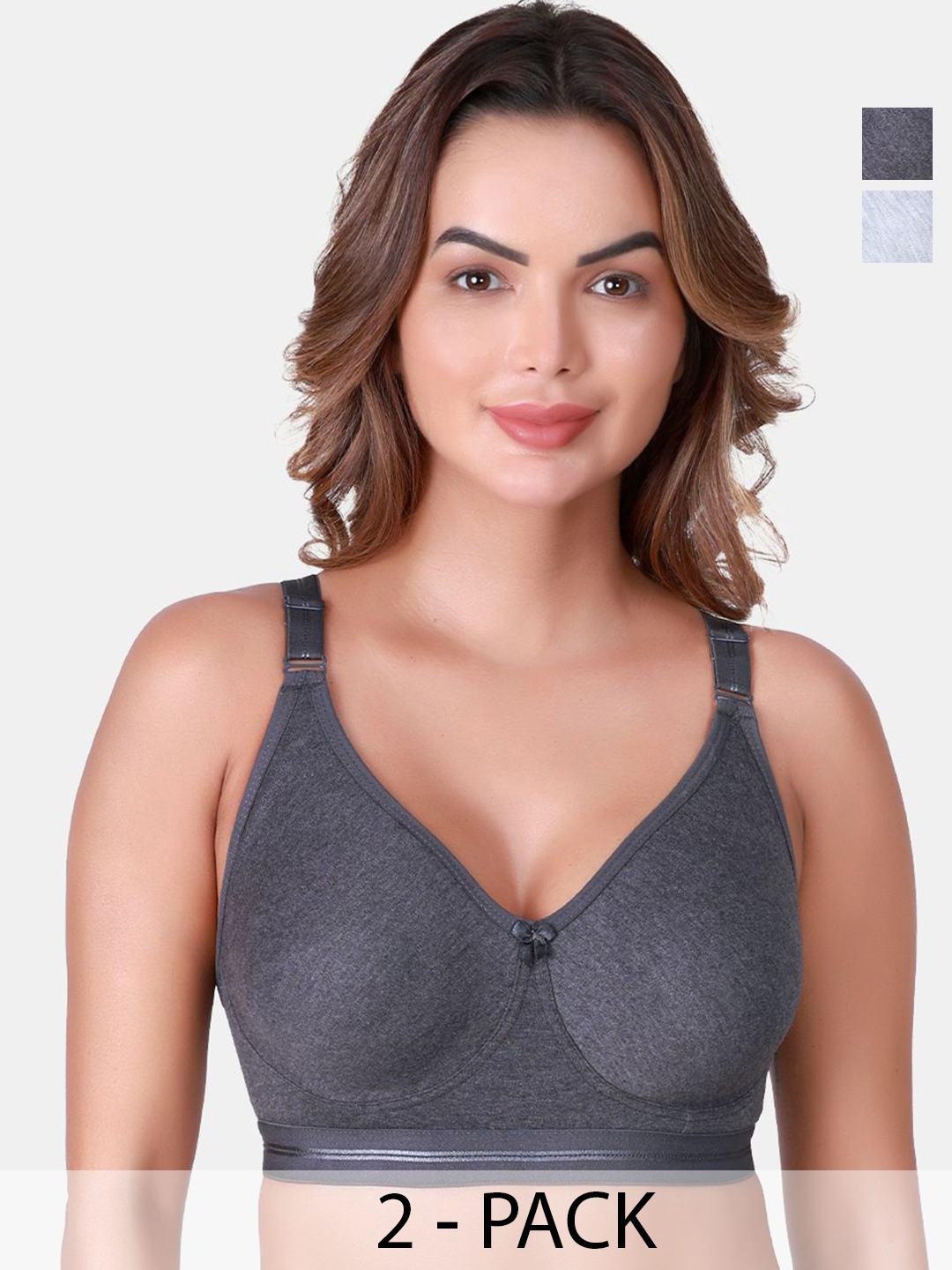 

SKDREAMS Pack Of 2 Full Coverage Seamless Cotton Non Padded T-Shirt Bra, Grey