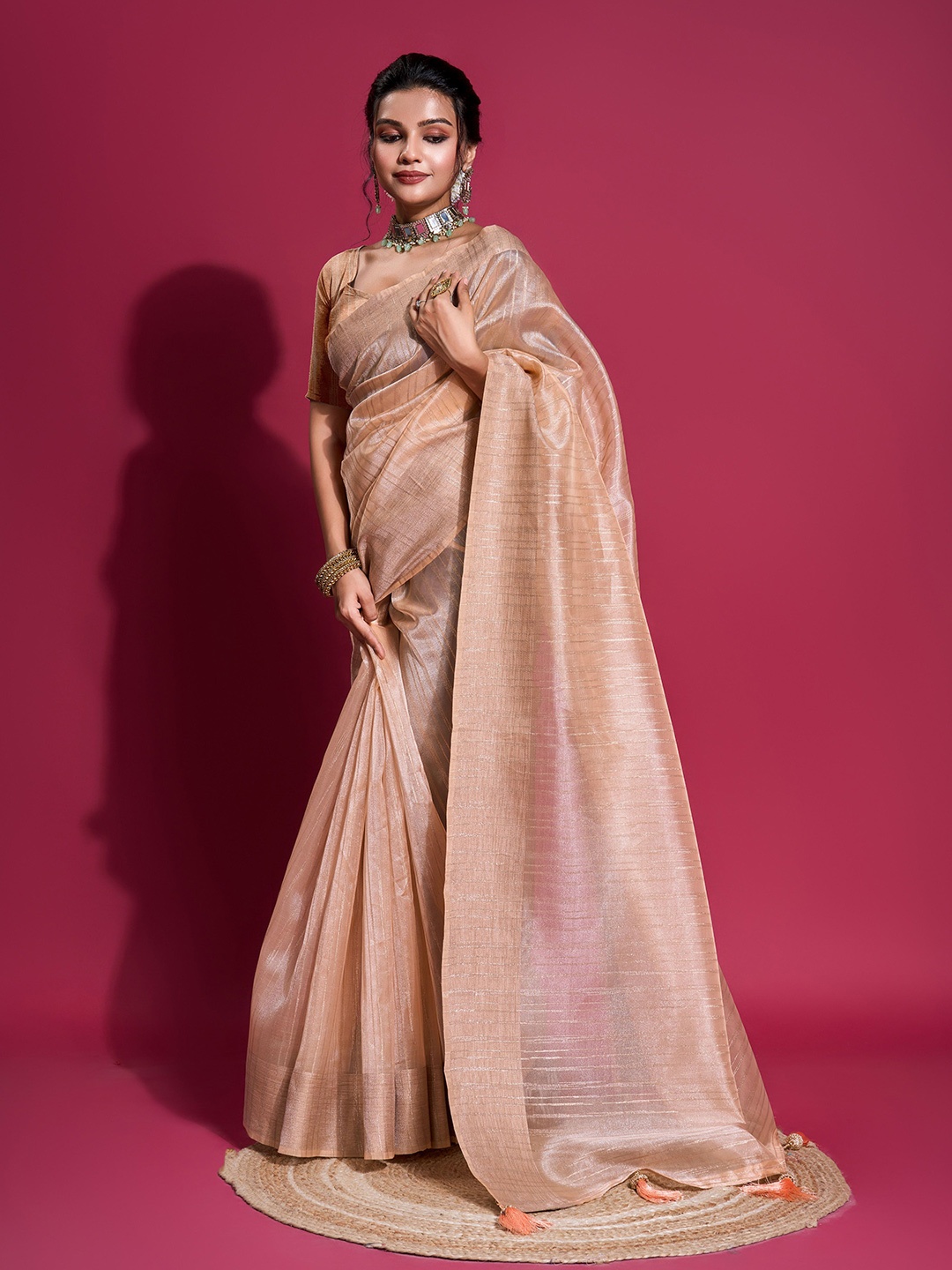 

KIMISHA Striped Organza Saree, Peach
