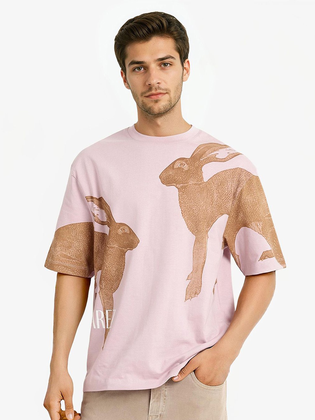 

RARE RABBIT Men Animal Graphic Printed Oversized T-shirt, Pink