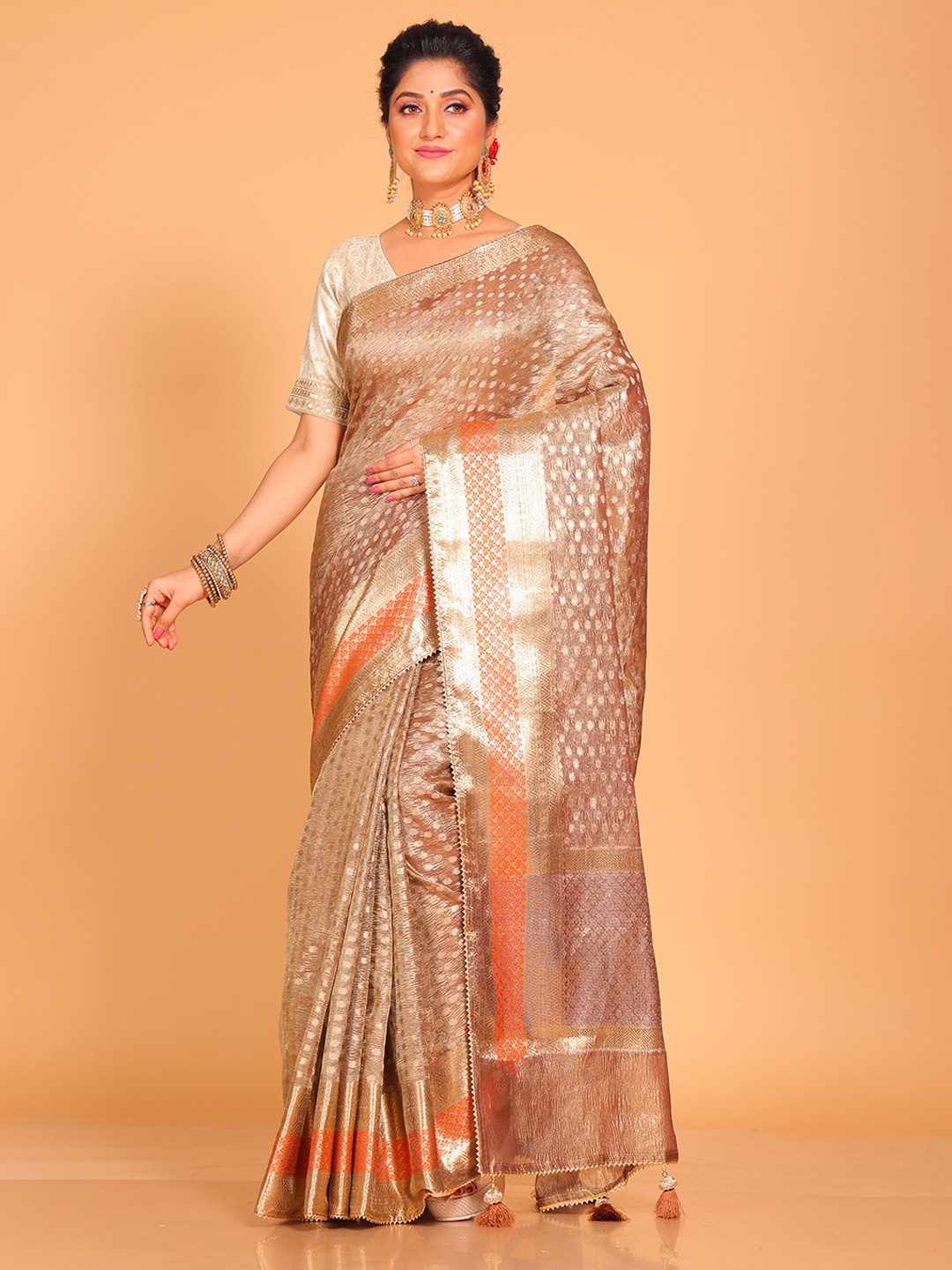 

Morchari Ethnic Motifs Zari Tissue Saree, Brown