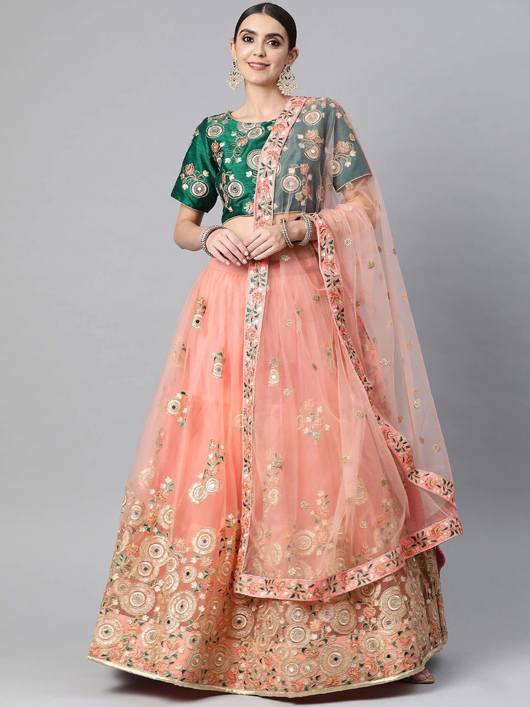 

FABPIXEL Embroidered Sequinned Semi-Stitched Lehenga & Unstitched Blouse With Dupatta, Peach