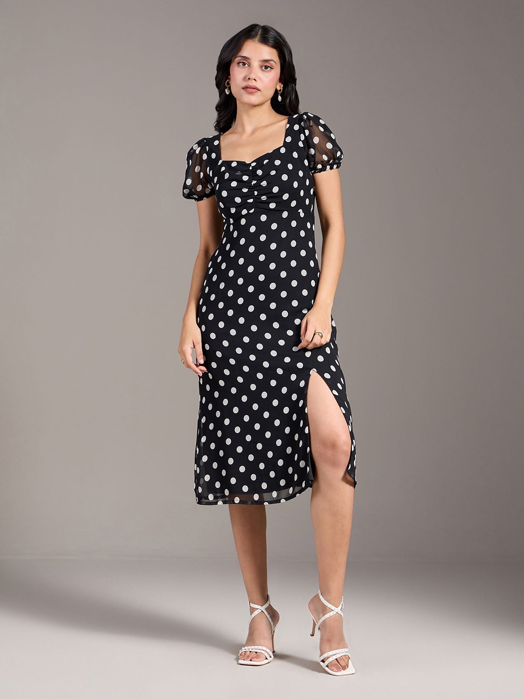 

20Dresses Polka Dot Printed Georgette A-Line Midi Dress, Black