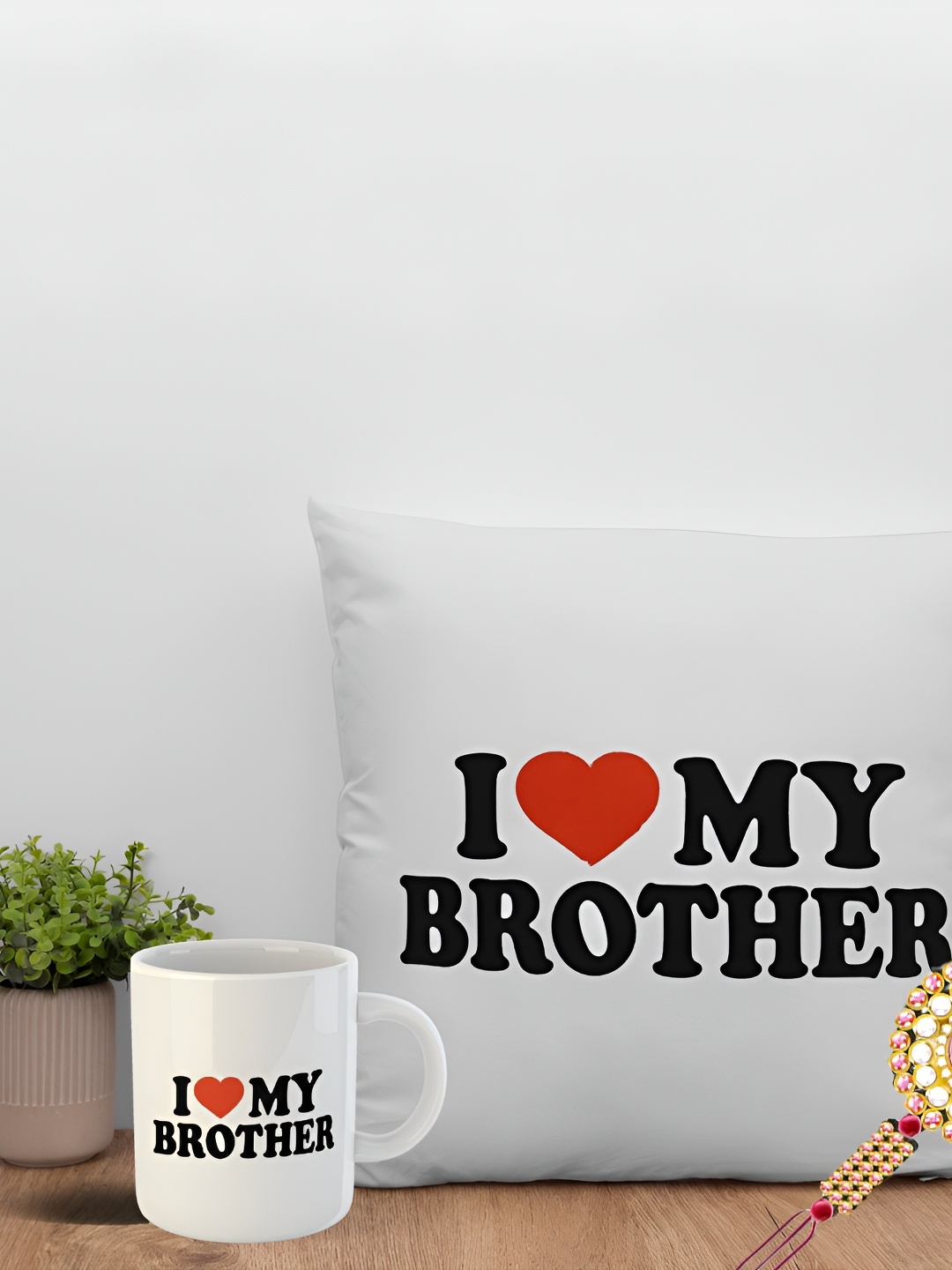 

ARTBUG Set of 3 Rakhi With Printed Cushion Cover & Mug, White