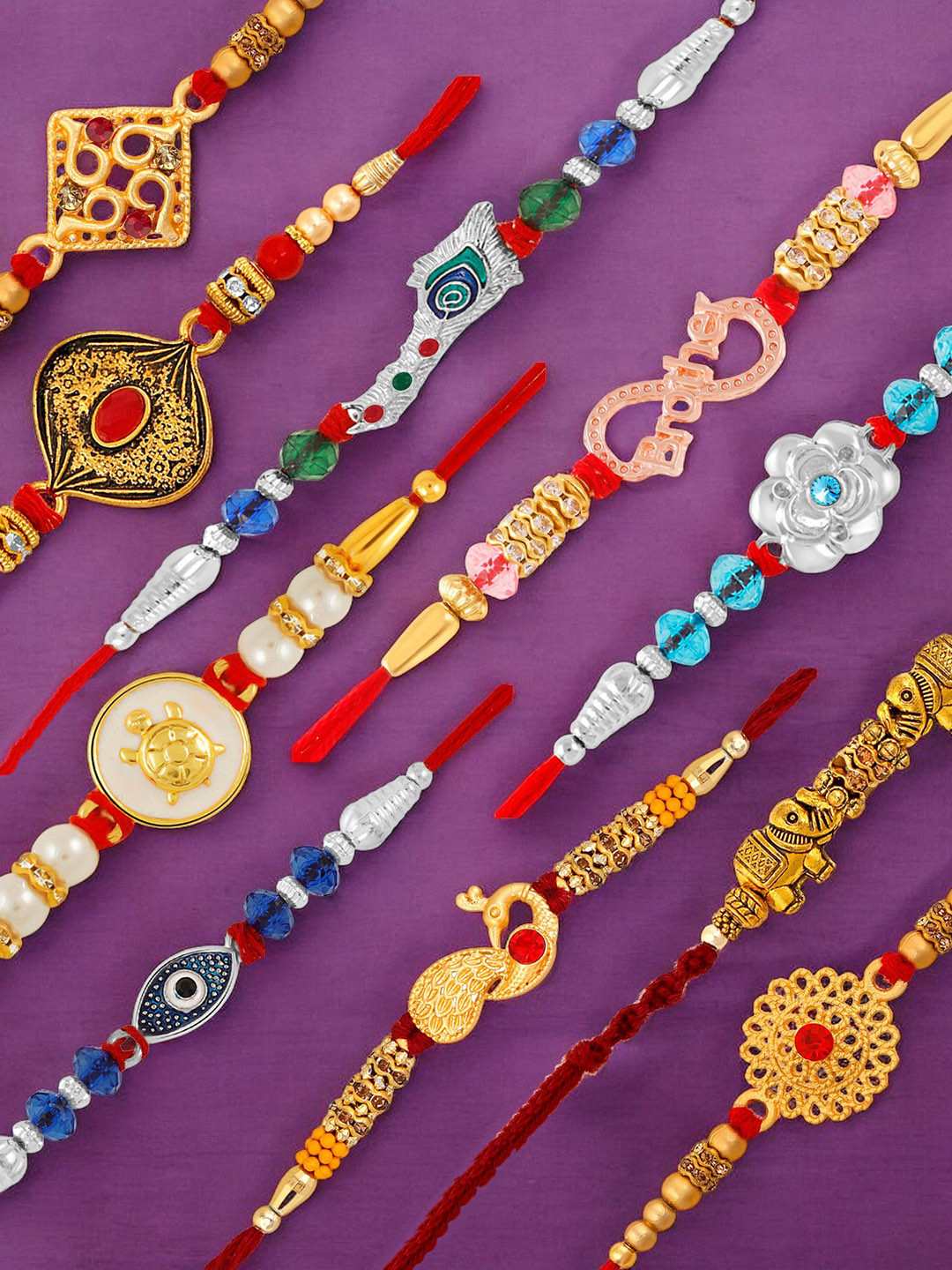 

Okos Set Of 10 Gold and Rhodium Plated Thread Rakhis, Yellow