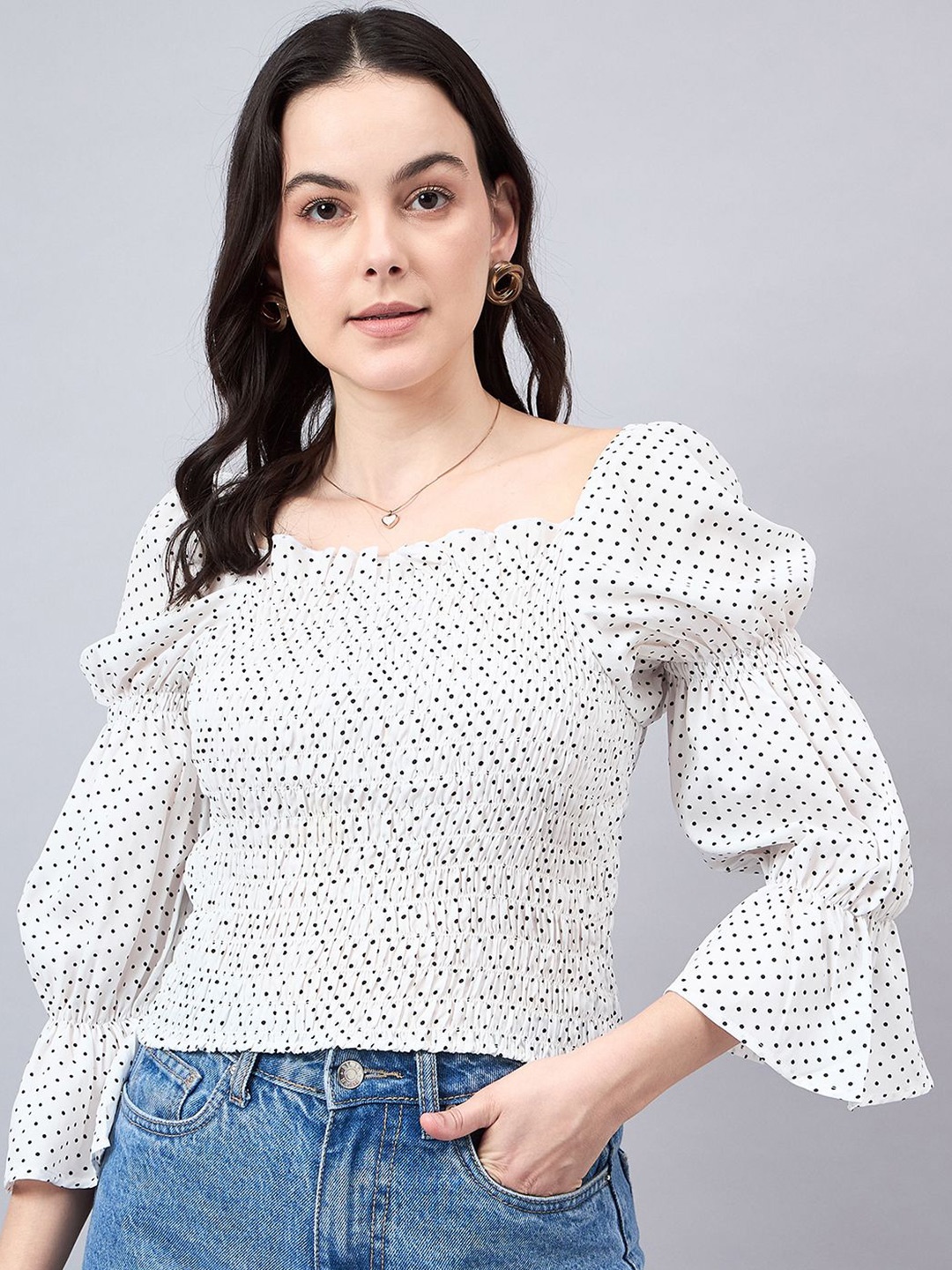 

Style Quotient Women Polka Dots Printed Smocked Square Neck Top, White