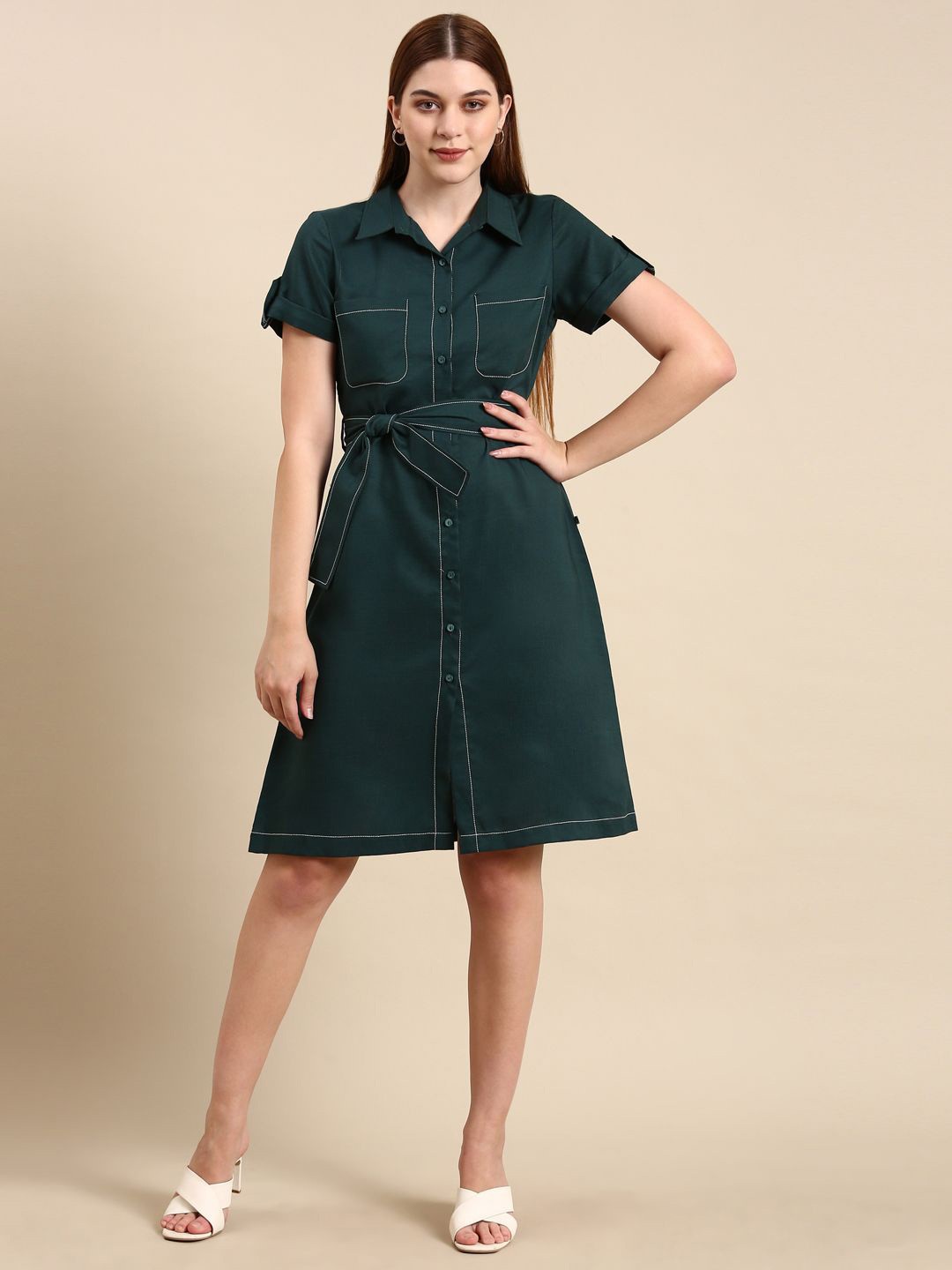 

Bannos Swagger Roll-Up Sleeves Linen Lace-Up Shirt Dress, Green