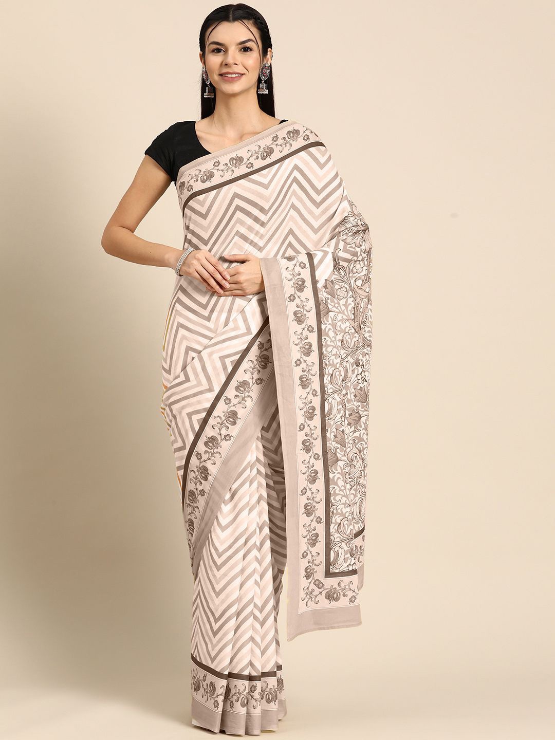 

BUTA BUTI Geometric Pure Cotton Saree, Coffee brown