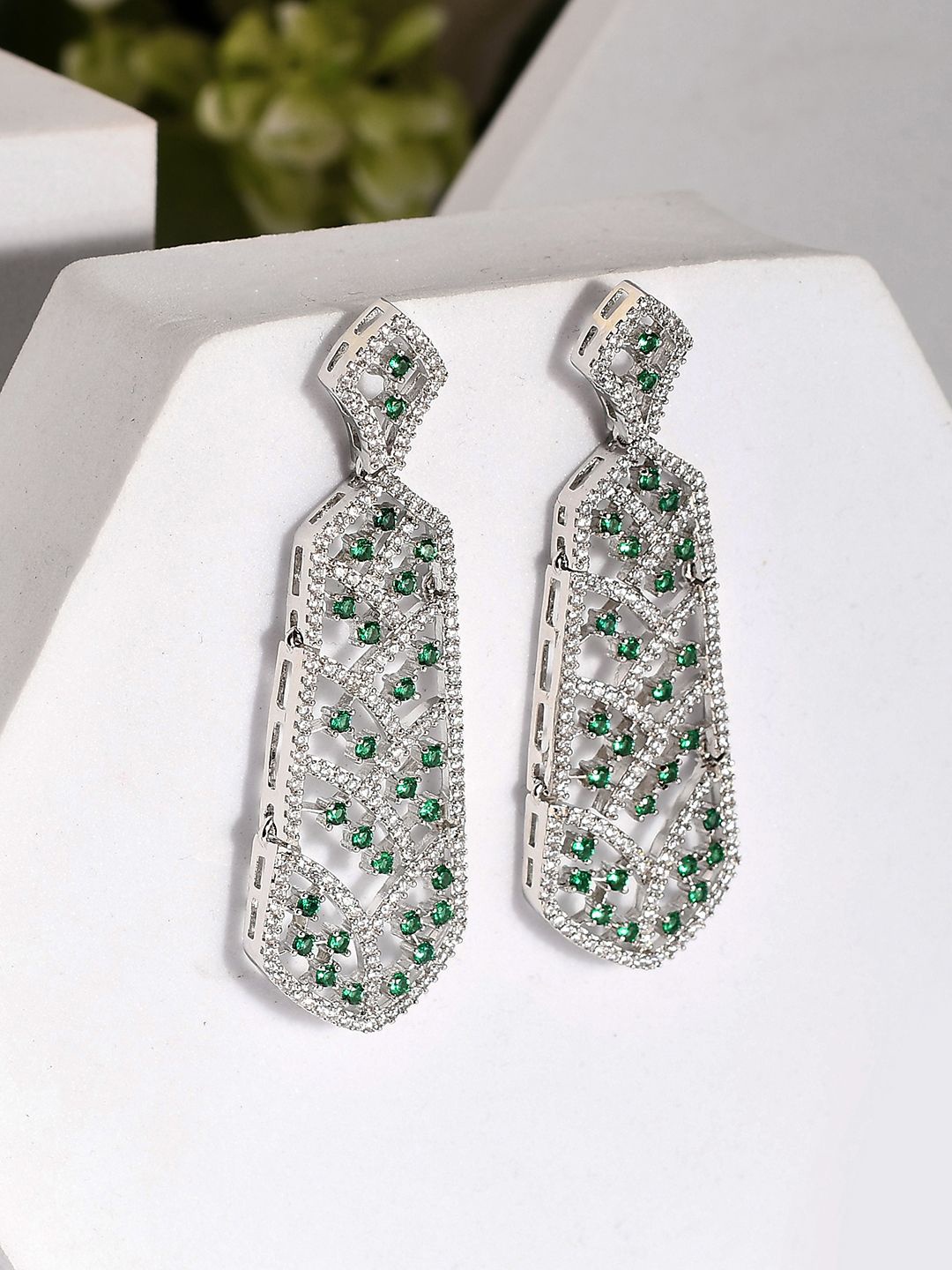 

Voylla Sparkling Elegance Rhodium-Plated American Diamond Studded Drop Earrings, Silver