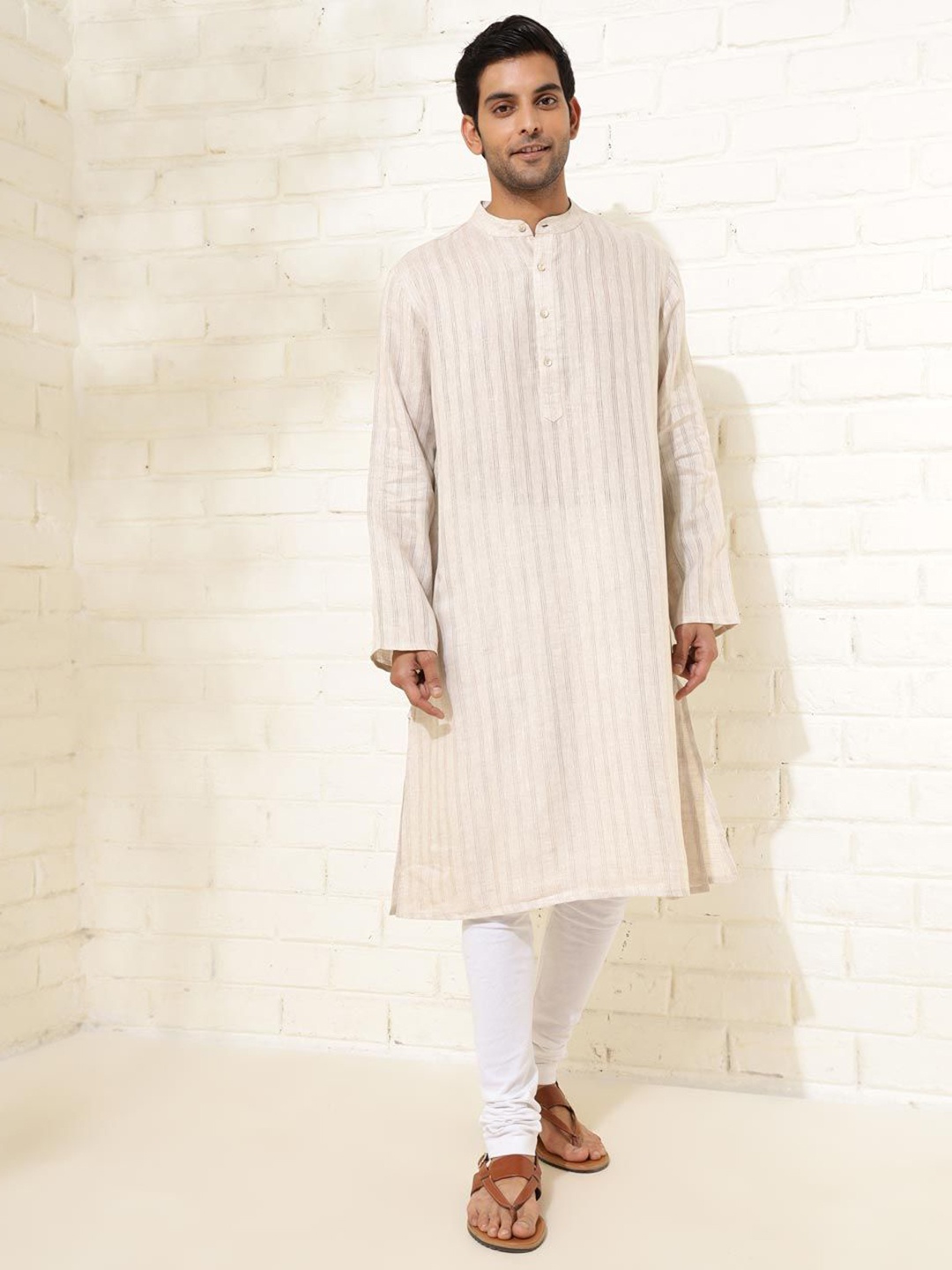 

Fabindia Striped Mandarin Collar Linen Straight Kurta, Beige