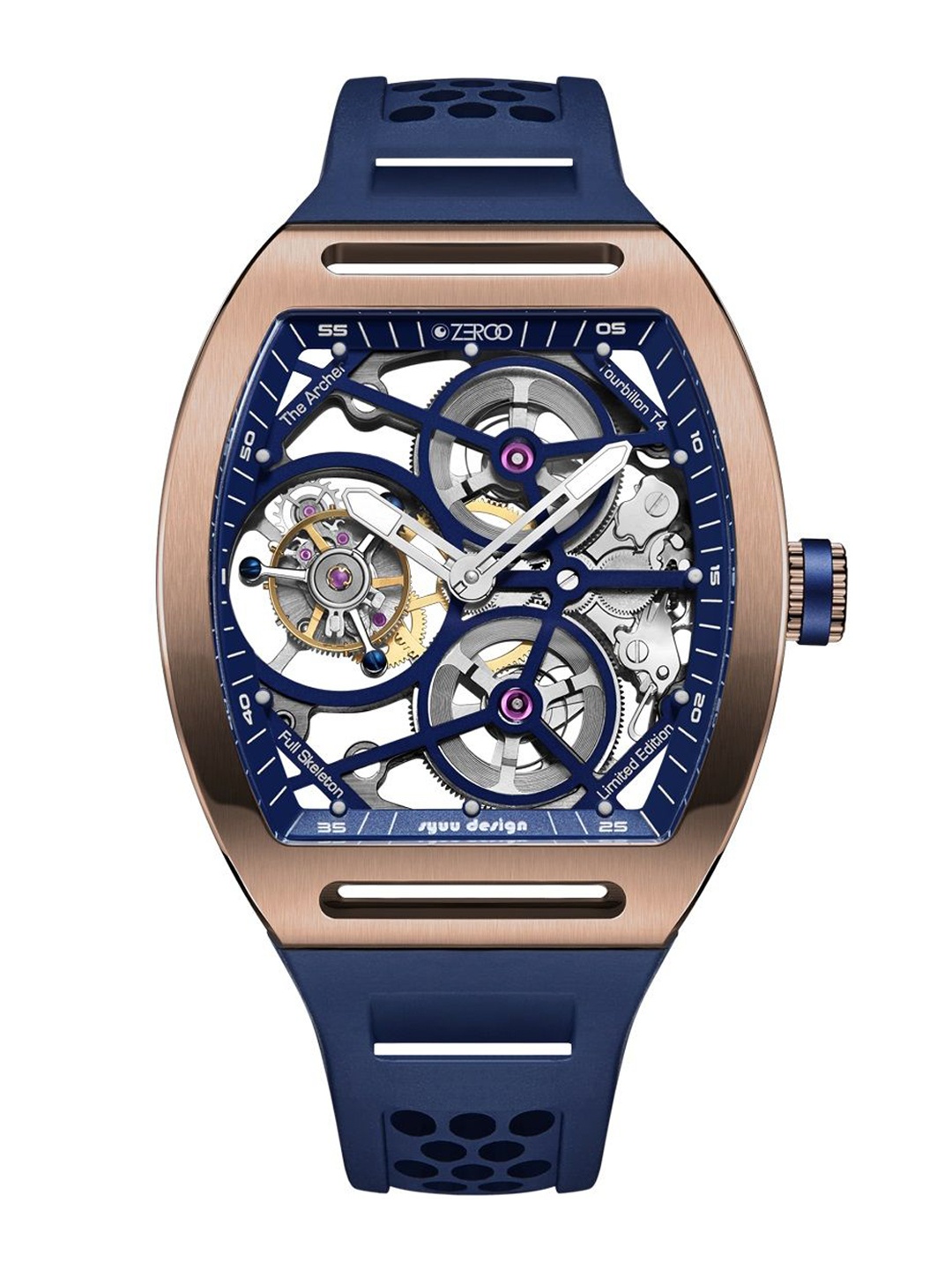 

ZEROO Unisex Skeleton Dial & Leather Bracelet Style Straps Analogue Watch ZT004RBL, Navy blue