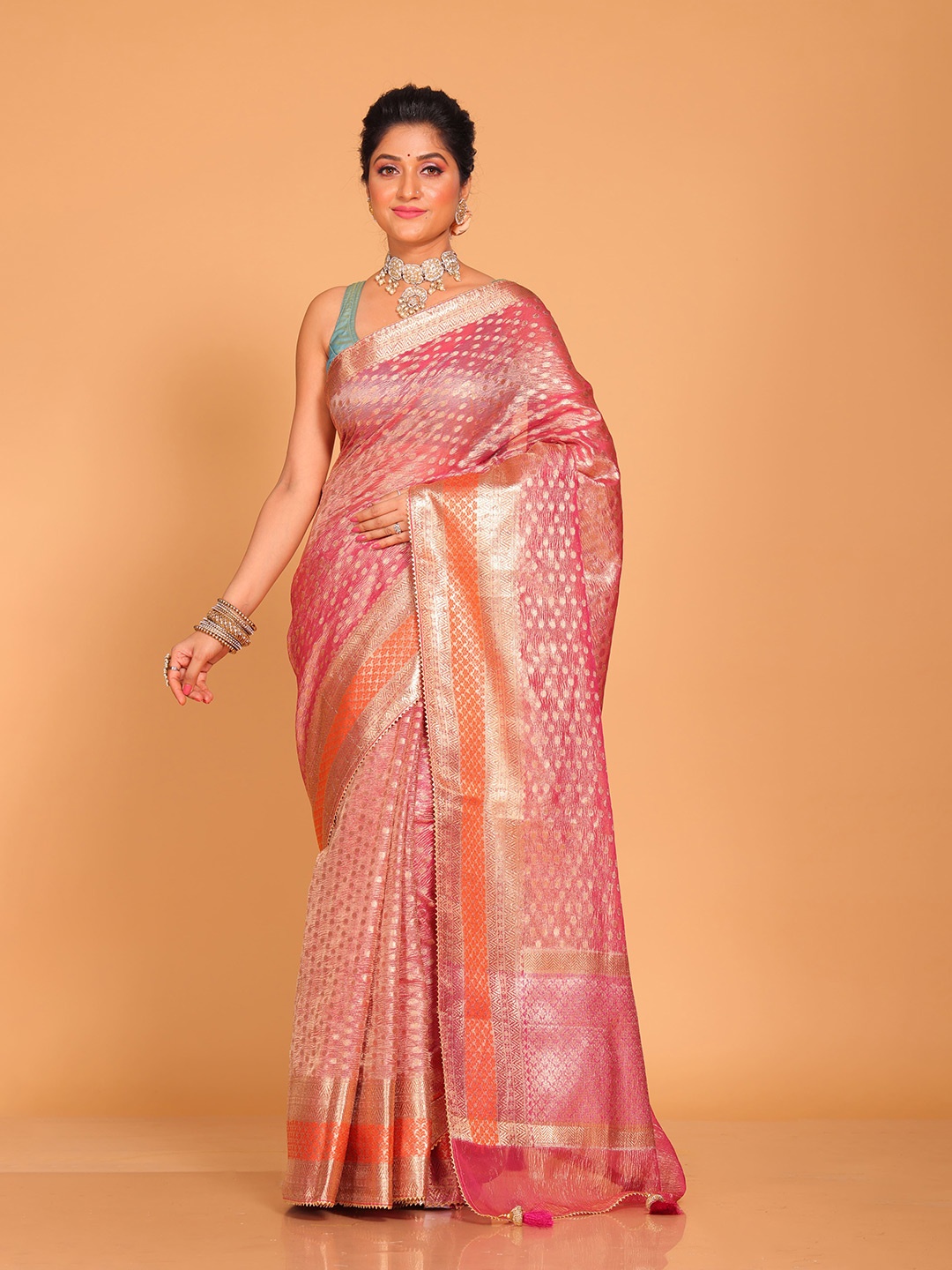 

Morchari Ethnic Motifs Zari Tissue Saree, Pink