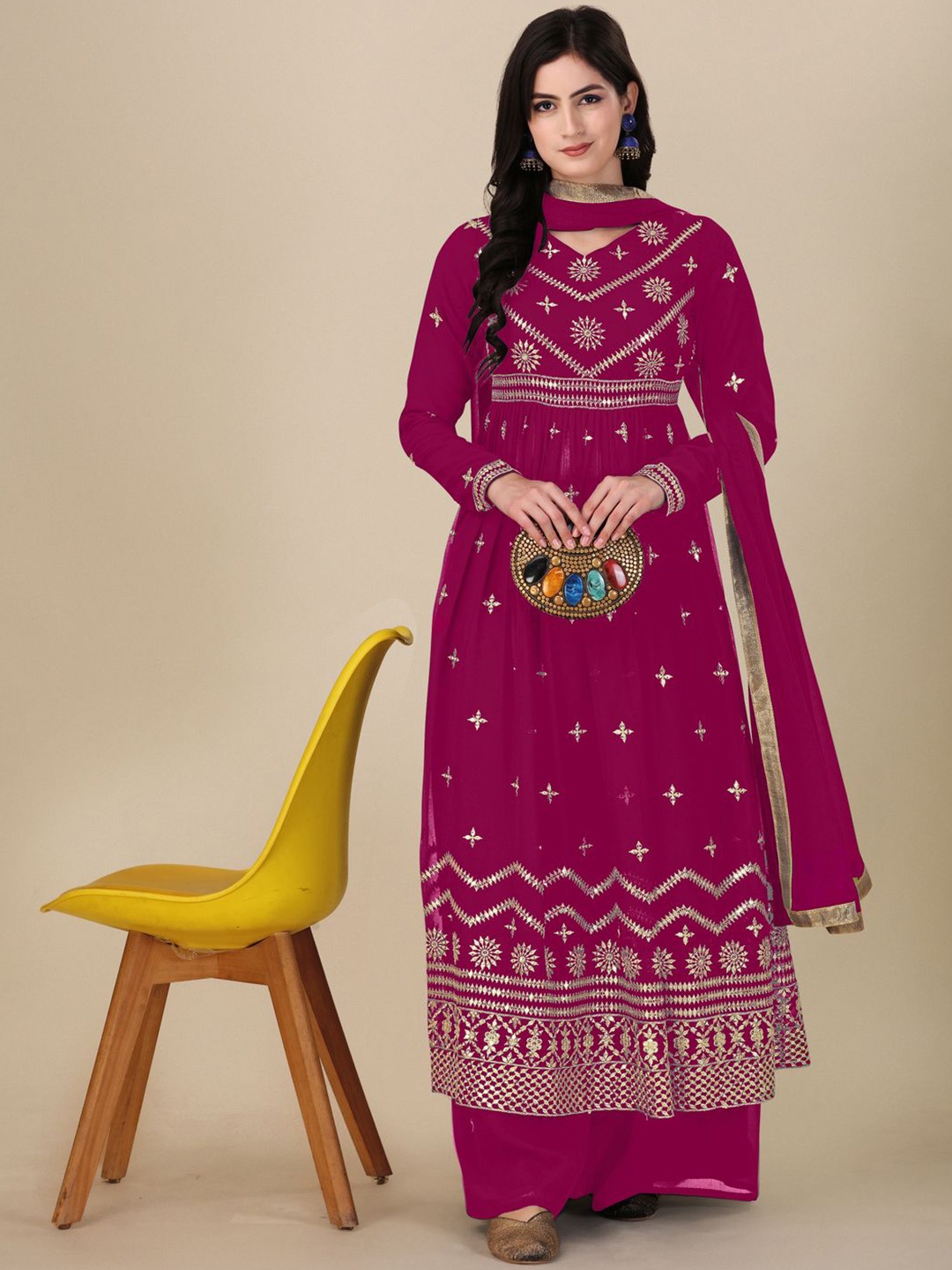 

KALINI Floral Embroidered Mirror Work Semi-Stitched Dress Material, Pink