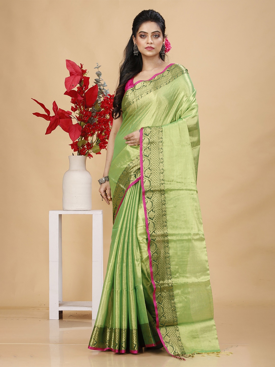 

SLAGHA Woven Design Zari Tissue Taant Saree, Green