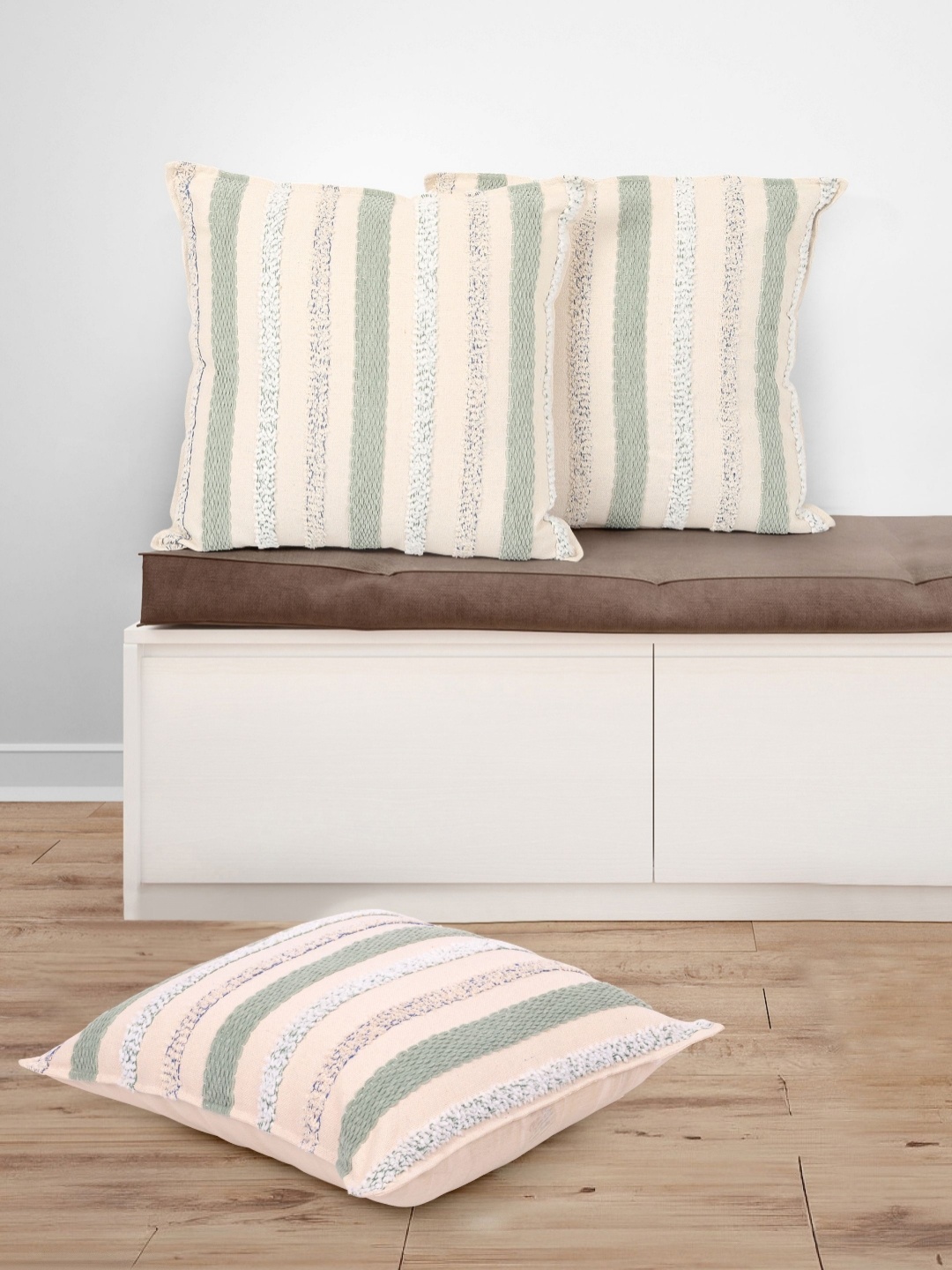 

Fashionhub White & Grey 3 Pieces Striped Cotton Square Cushion Covers