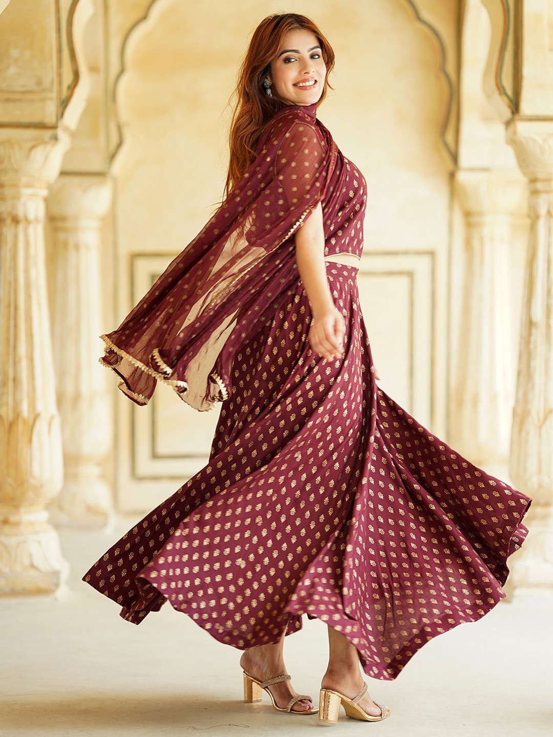 

KALINI Printed Foil Print Ready to Wear Lehenga & Blouse With Dupatta, Maroon