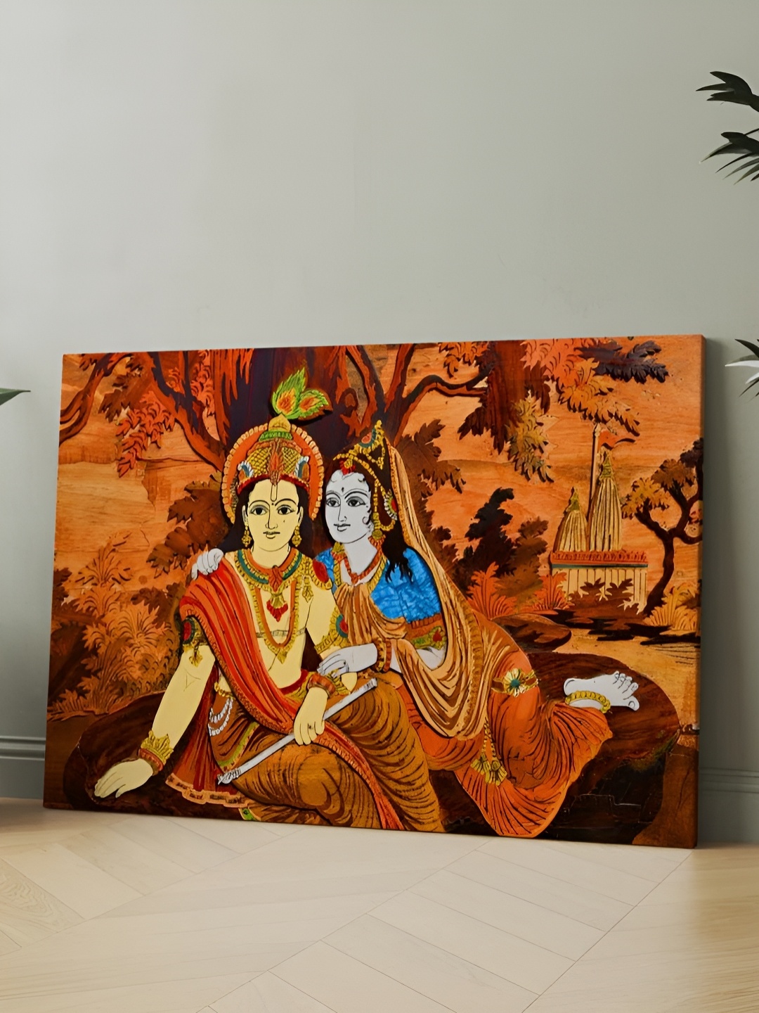 

CLAWCRAFTS Orange & Blue Radha Krishna Religious Wooden Wall Art