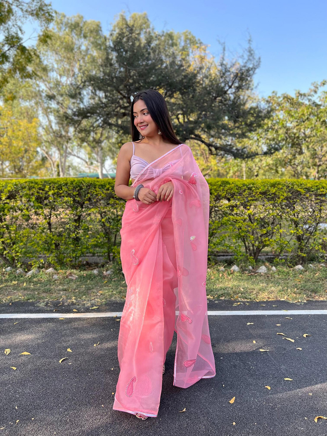 

Mitera Paisley Embroidered Organza Saree, Pink