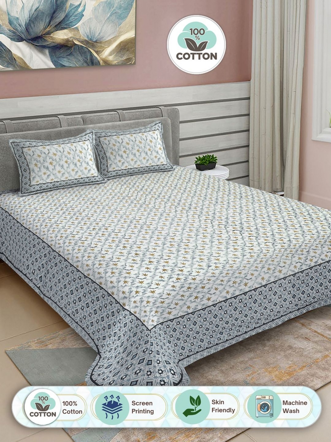 

FABINALIV Grey & White Floral Print Pure Cotton King Size Bedsheet & 2 Pillow Covers