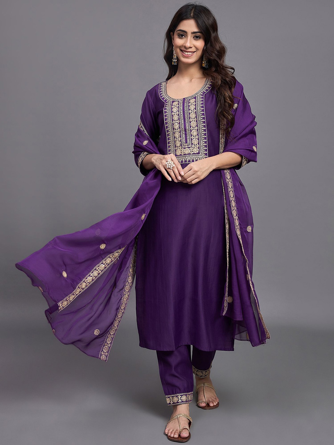 

KALINI Yoke Design Regular Thread Work Pure Silk Straight Kurta With Trousers & Dupatta, Purple