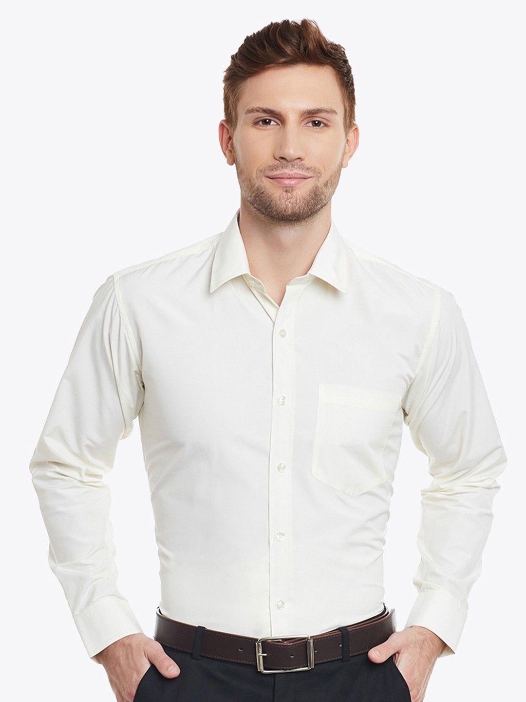 

English Navy Men Solid Wrinkle Free Slim Fit Formal Shirt, White