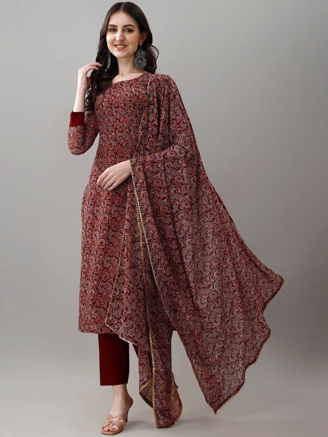 

KALINI Paisley Printed Kurta with Trousers & Dupatta, Maroon